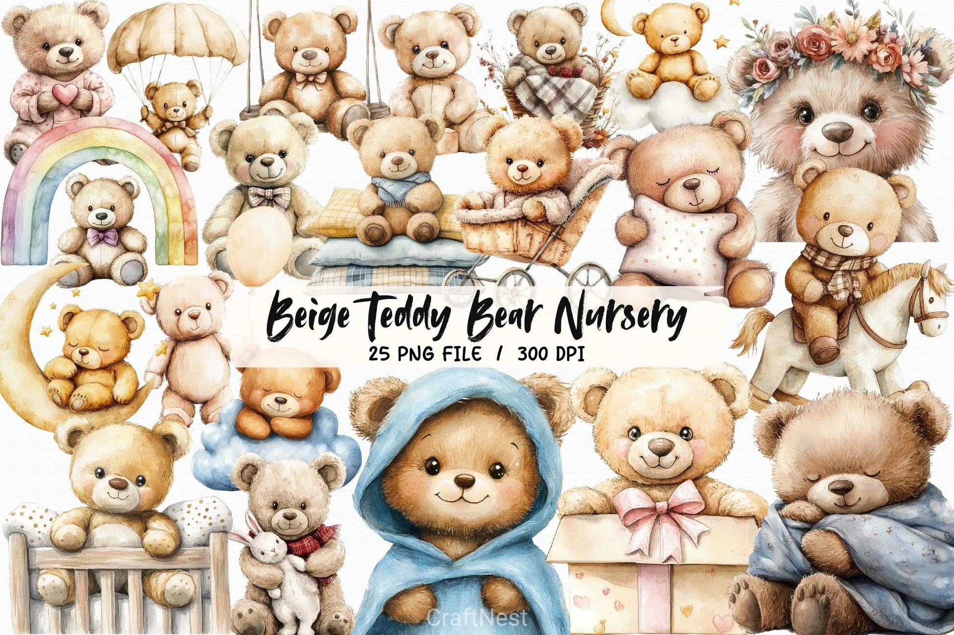 Beige Teddy Bear Nursery Clipart Bundle - CraftNest - Digital Crafting and Art