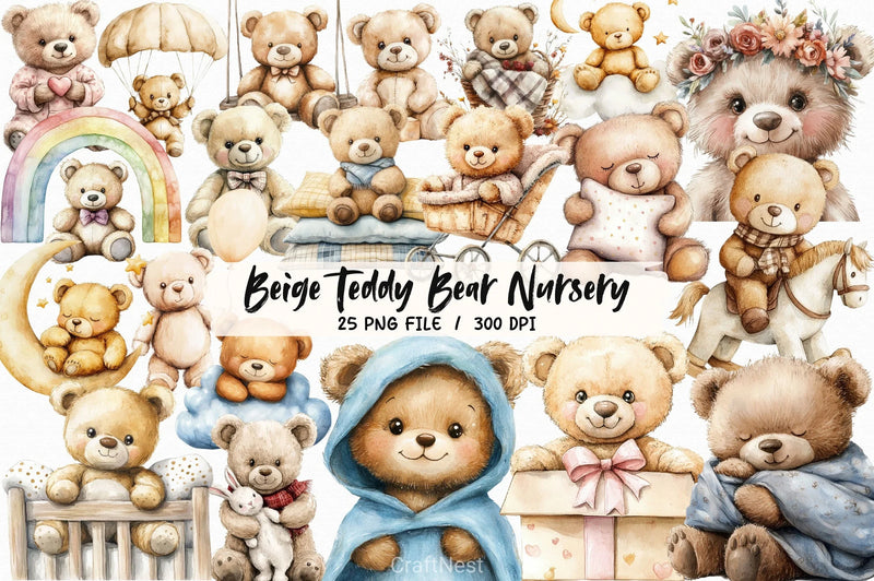 Beige Teddy Bear Nursery Clipart Bundle - CraftNest - Digital Crafting and Art