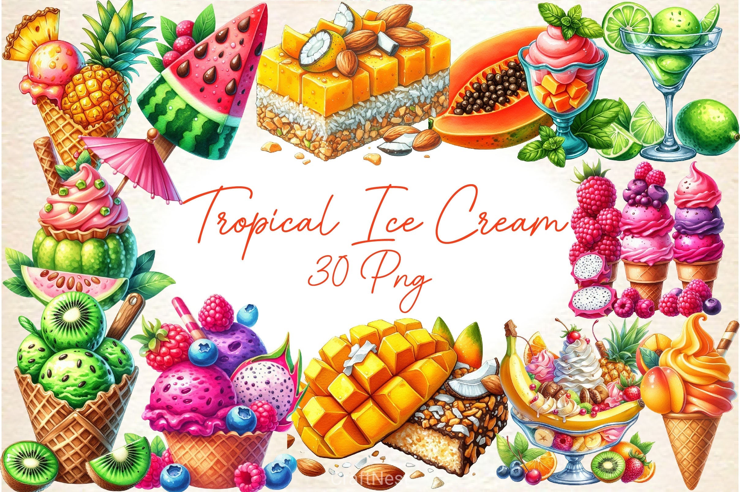 Tropical Ice Cream & Sorbets Clipart Bundle