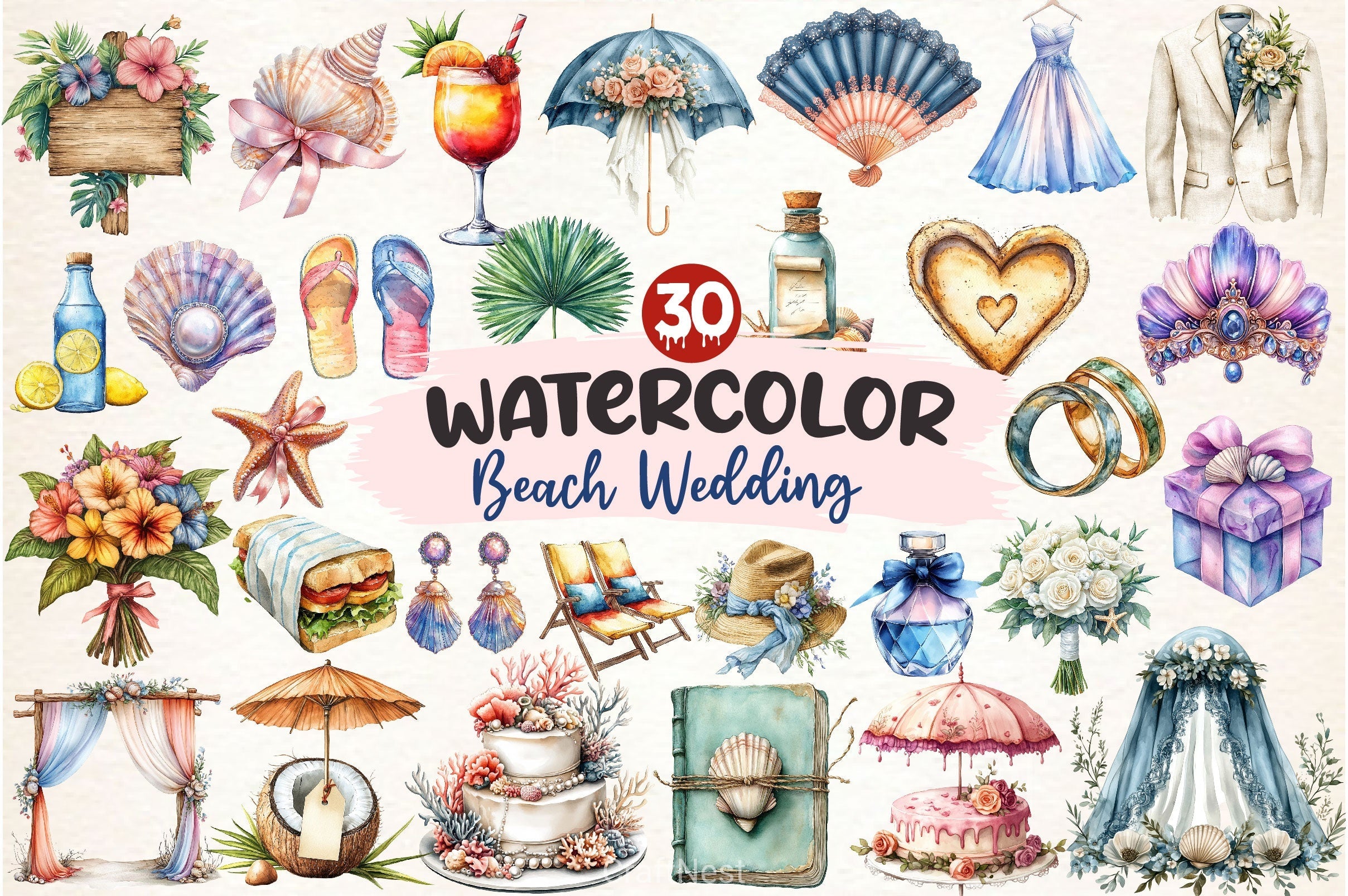 Beach Wedding Set Clipart Bundle