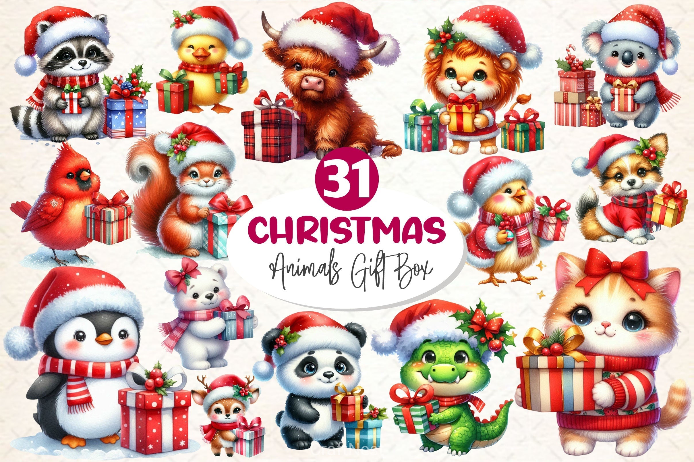 Cute Animals With Christmas Gifts Clipart Bundle