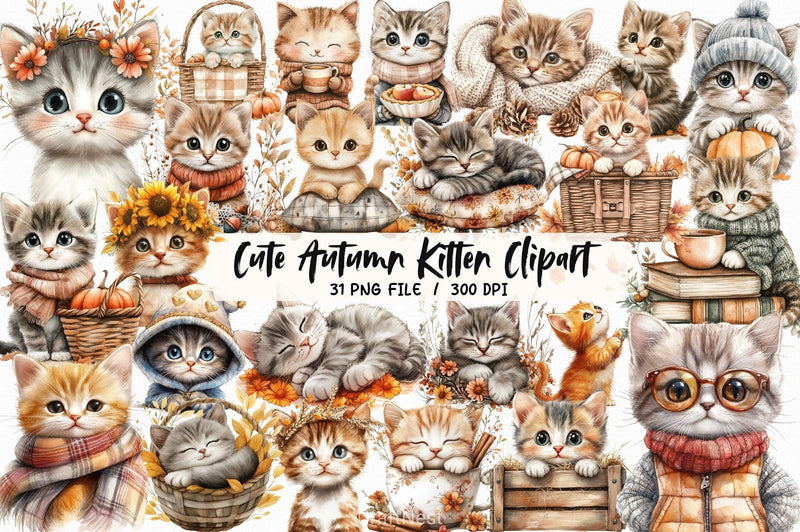 Cute Autumn Kitten Clipart Bundle - CraftNest - Digital Crafting and Art