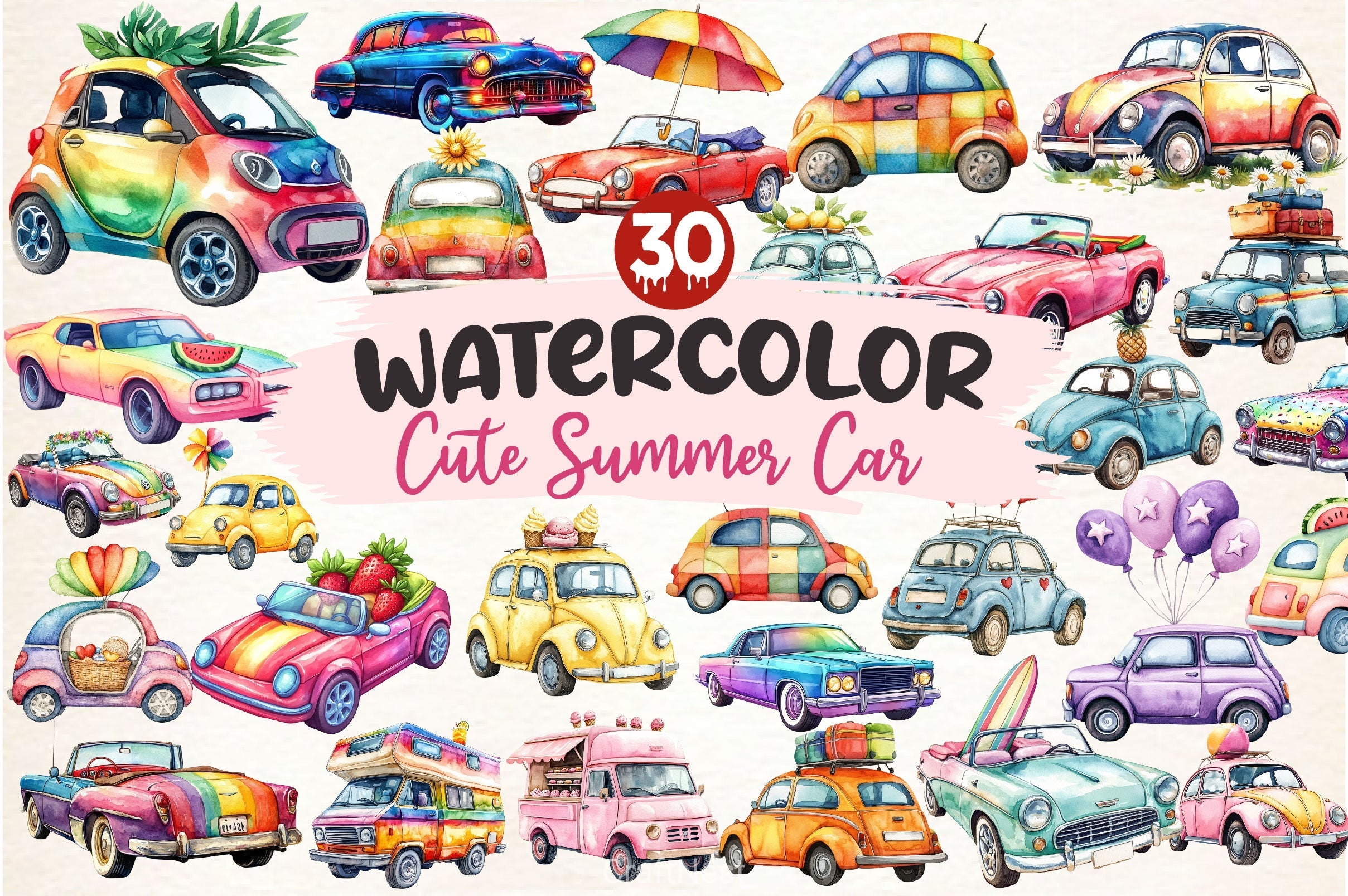 Rainbow Cute Summer Car Clipart Bundle