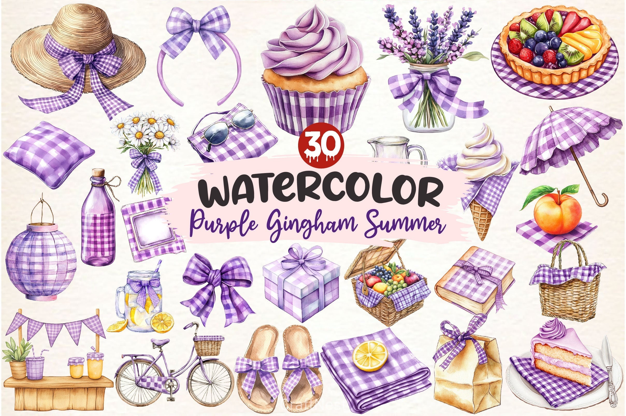 Purple Gingham Summer Clipart Bundle