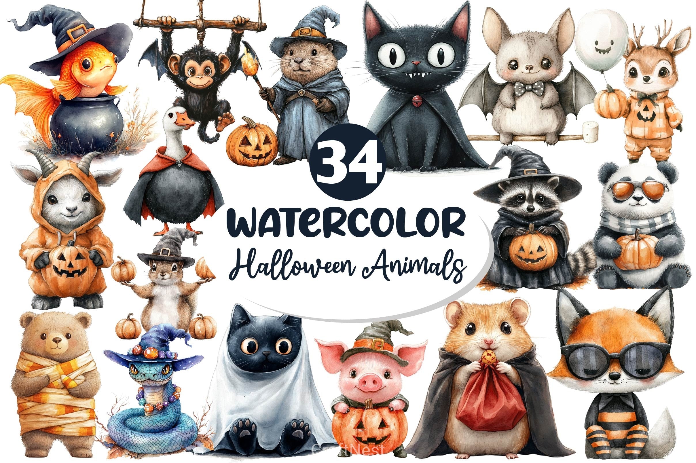 Quirky Halloween Animals Clipart Bundle