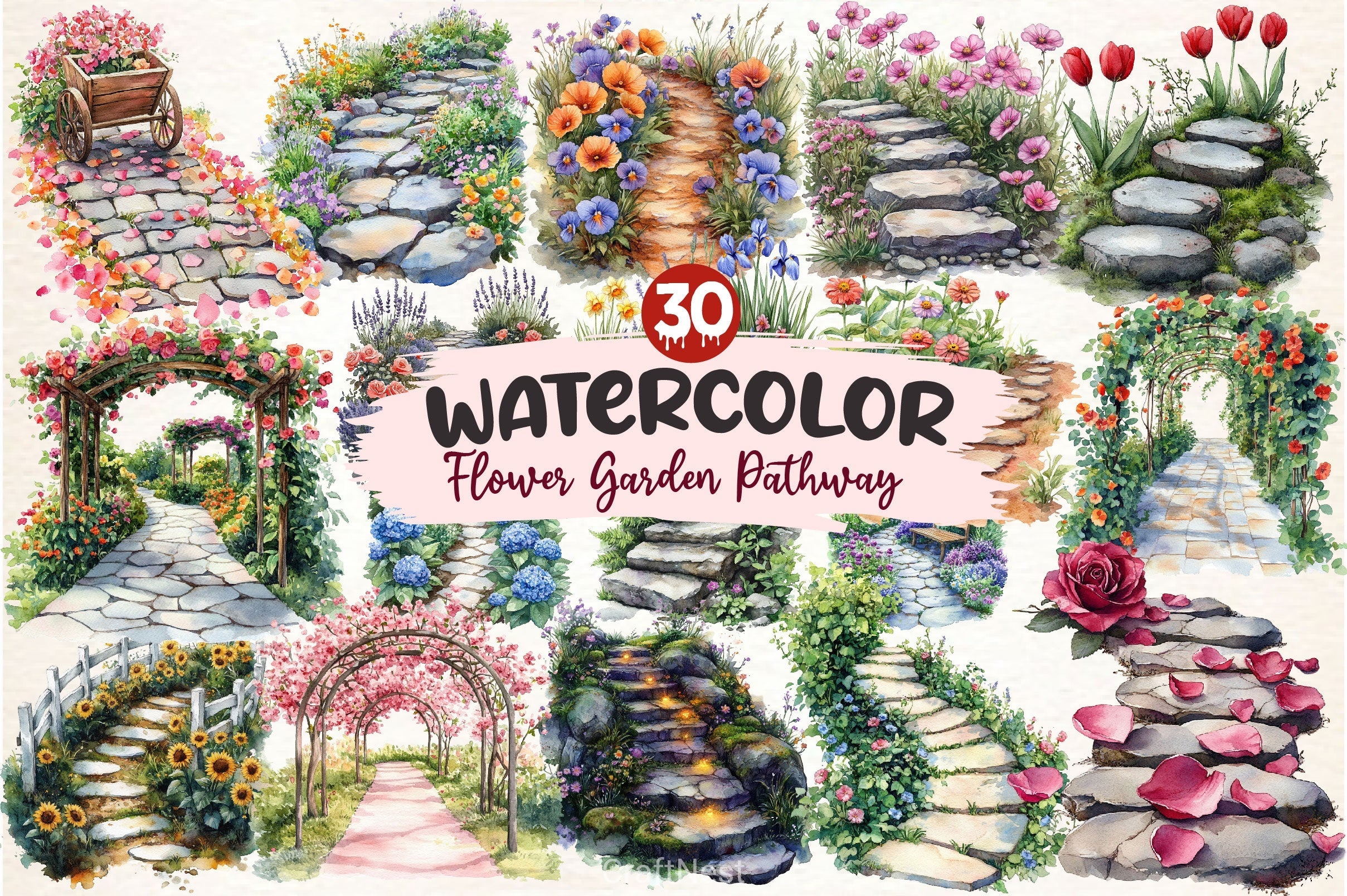 Flower Garden Pathway Clipart Bundle