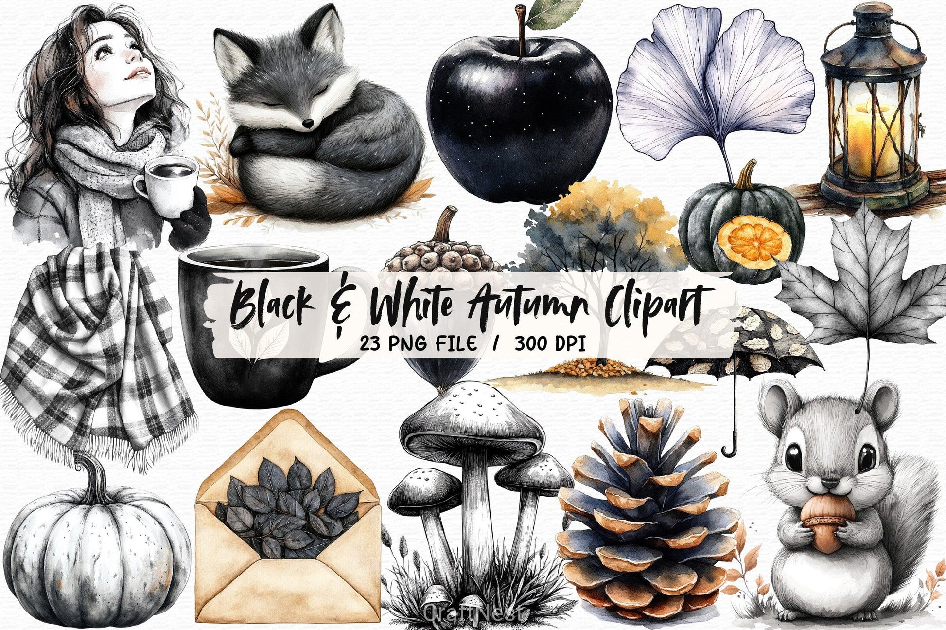 Black & White Autumn Clipart Bundle 3 - CraftNest - Digital Crafting and Art