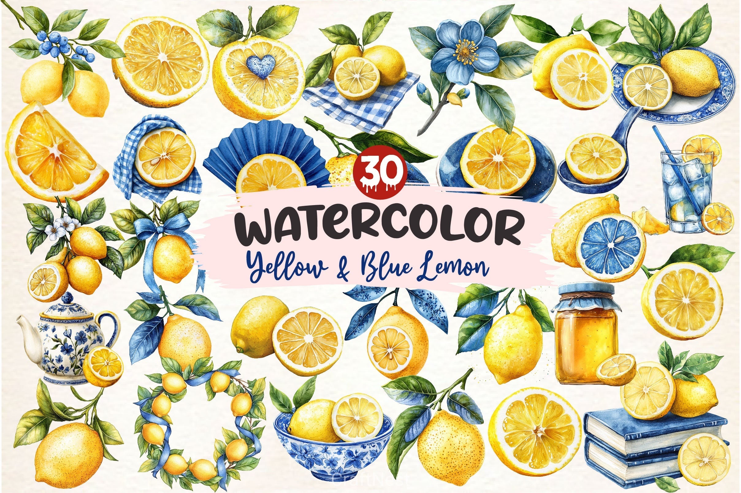 Yellow Blue Lemon Clipart Bundle