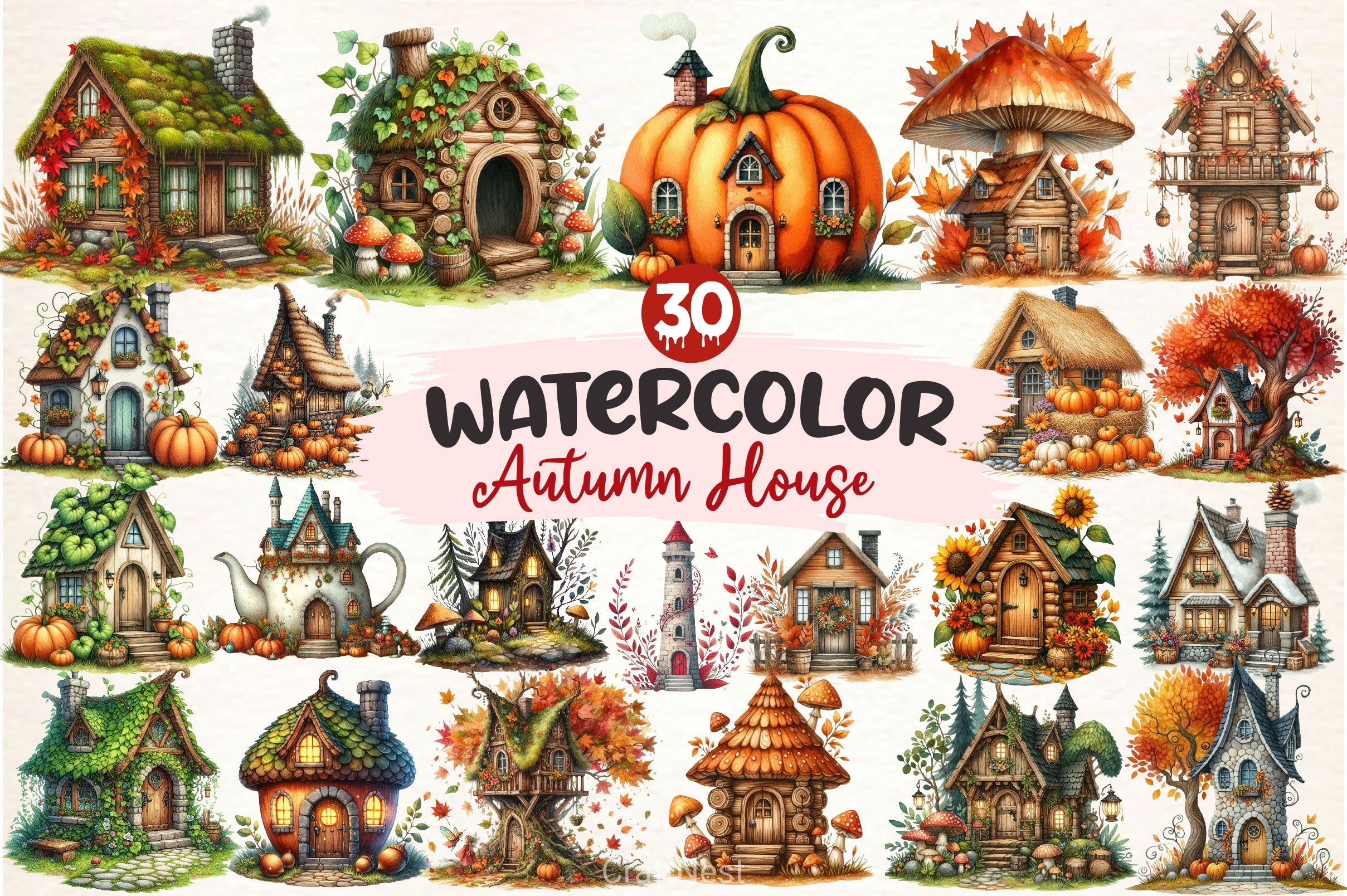 Whimsical Autumn House Clipart Bundle 2