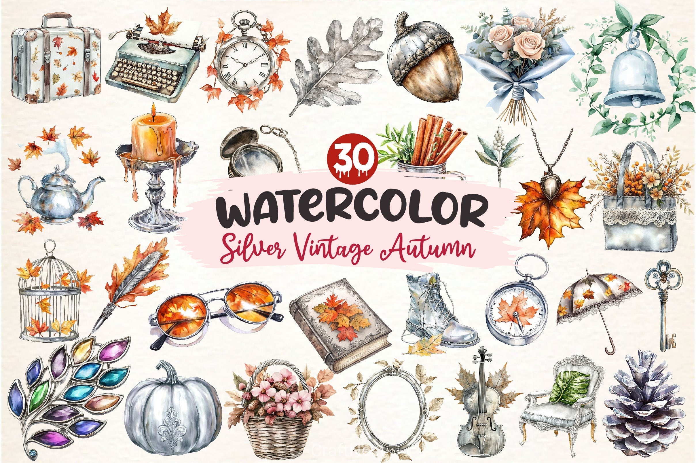 Silver Vintage Aesthetic Autumn Clipart Bundle 2
