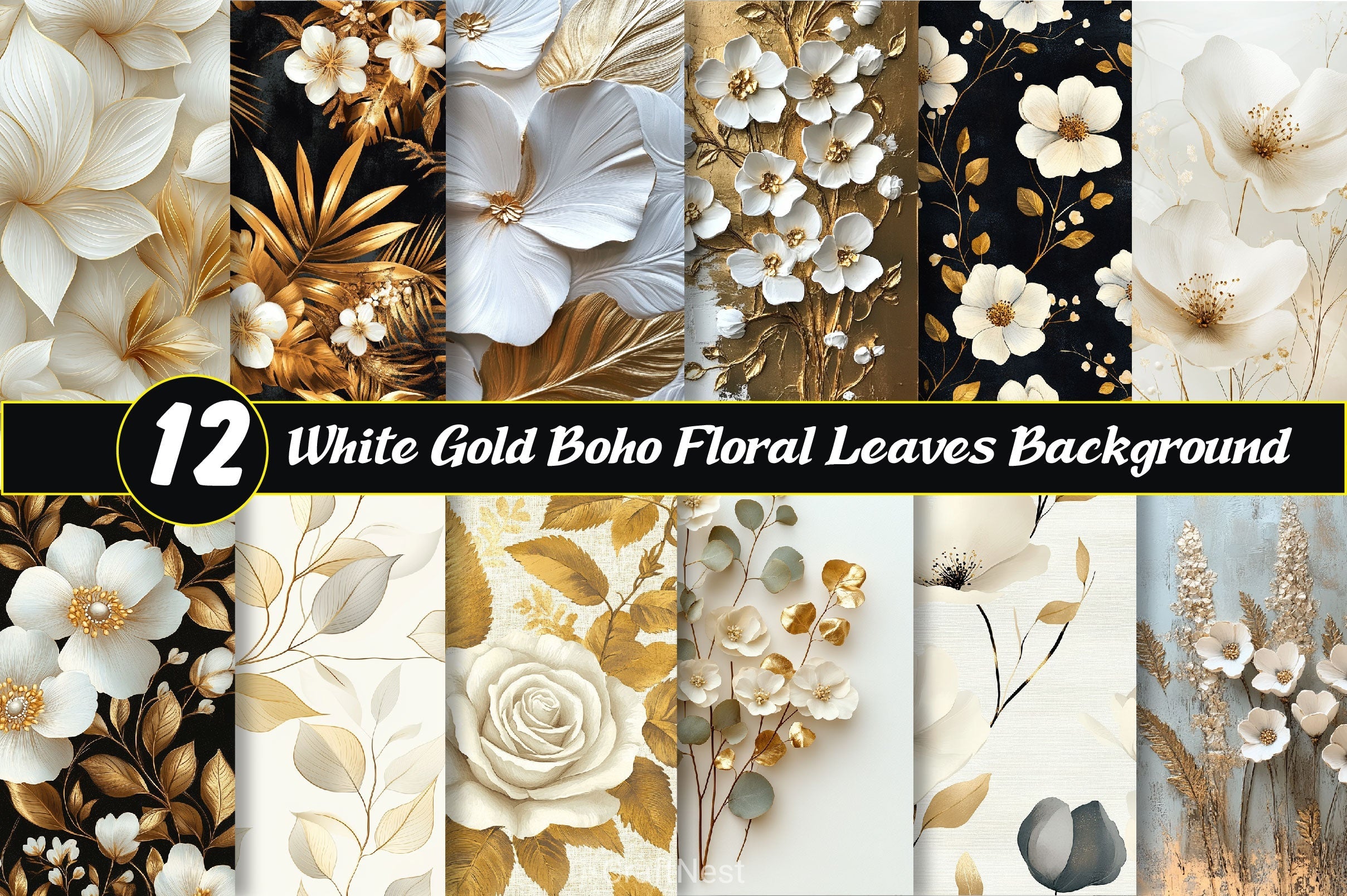 White Gold Boho Floral Leaves Background Clipart Bundle
