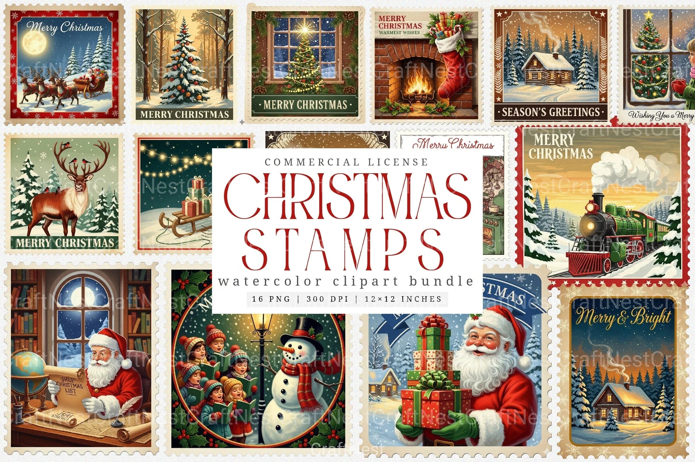 Vintage Christmas Stamps: Retro Santa, Snowman, Tree Clipart Bundle - CraftNest - Digital Crafting and Art