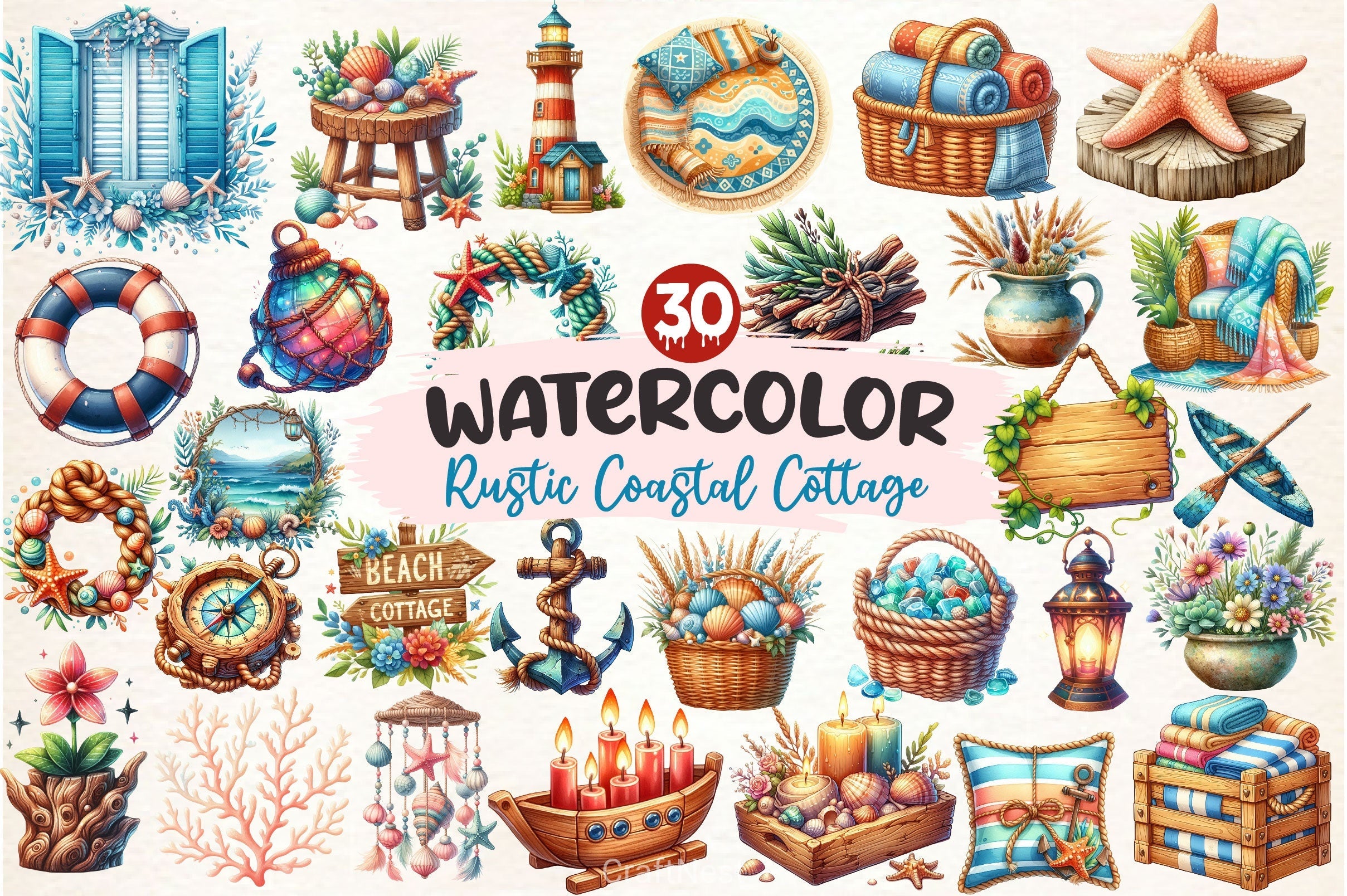 Rustic Coastal Cottage Elements Clipart Bundle