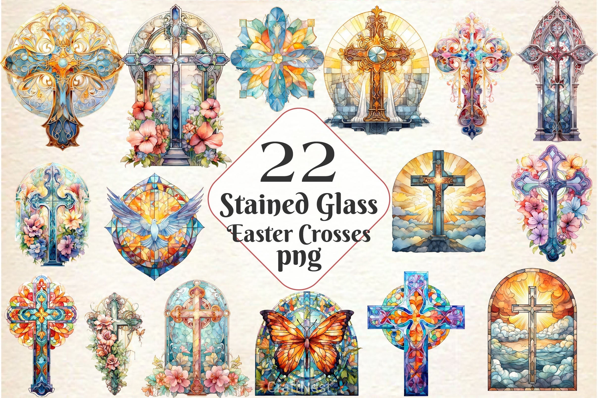Stained Glass Easter Crosses Clipart Bundle 2