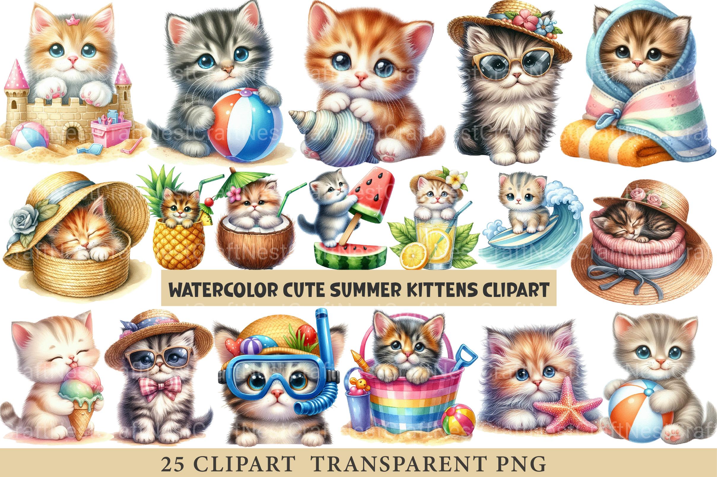 Cute Summer Kittens Clipart Bundle