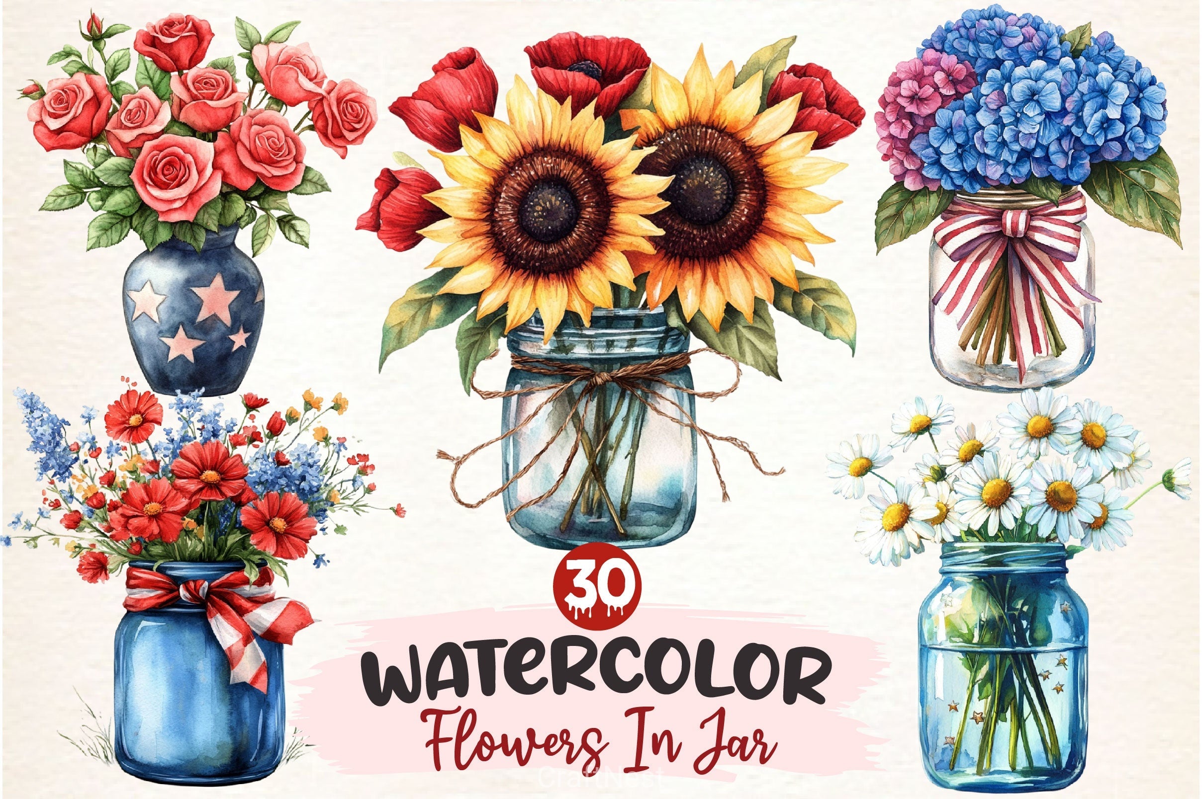 Flowers In Jar 4th Of July Clipart Bundle
