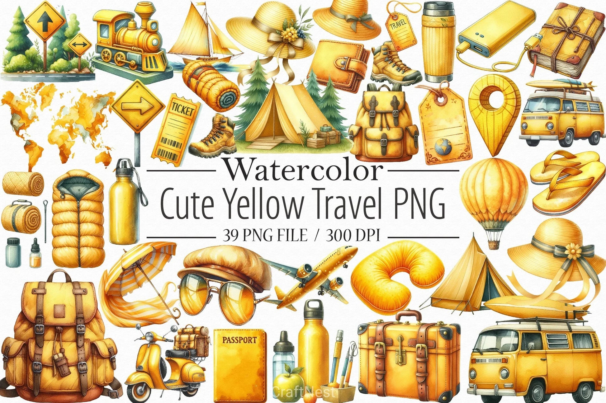 Cute Yellow Travel Clipart Bundle 1 - CraftNest - Digital Crafting and Art