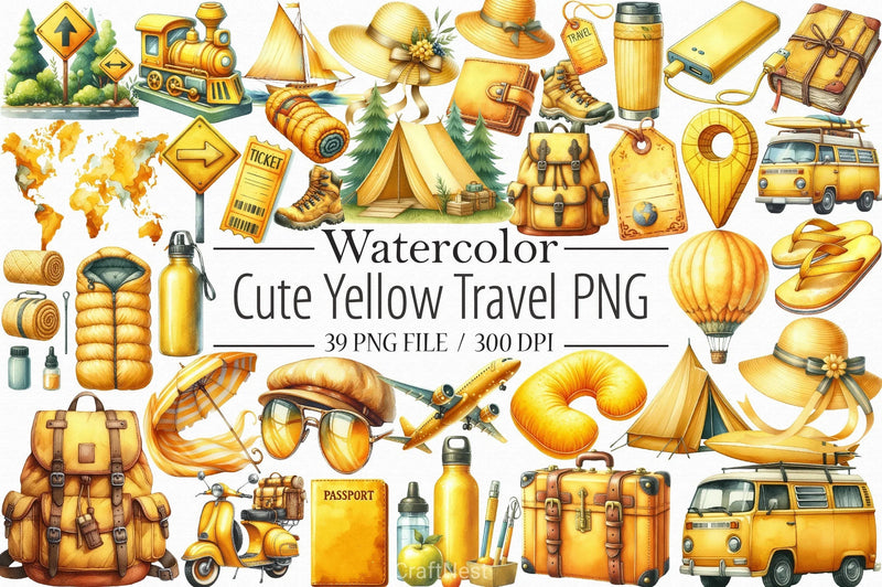 Cute Yellow Travel Clipart Bundle 1 - CraftNest - Digital Crafting and Art