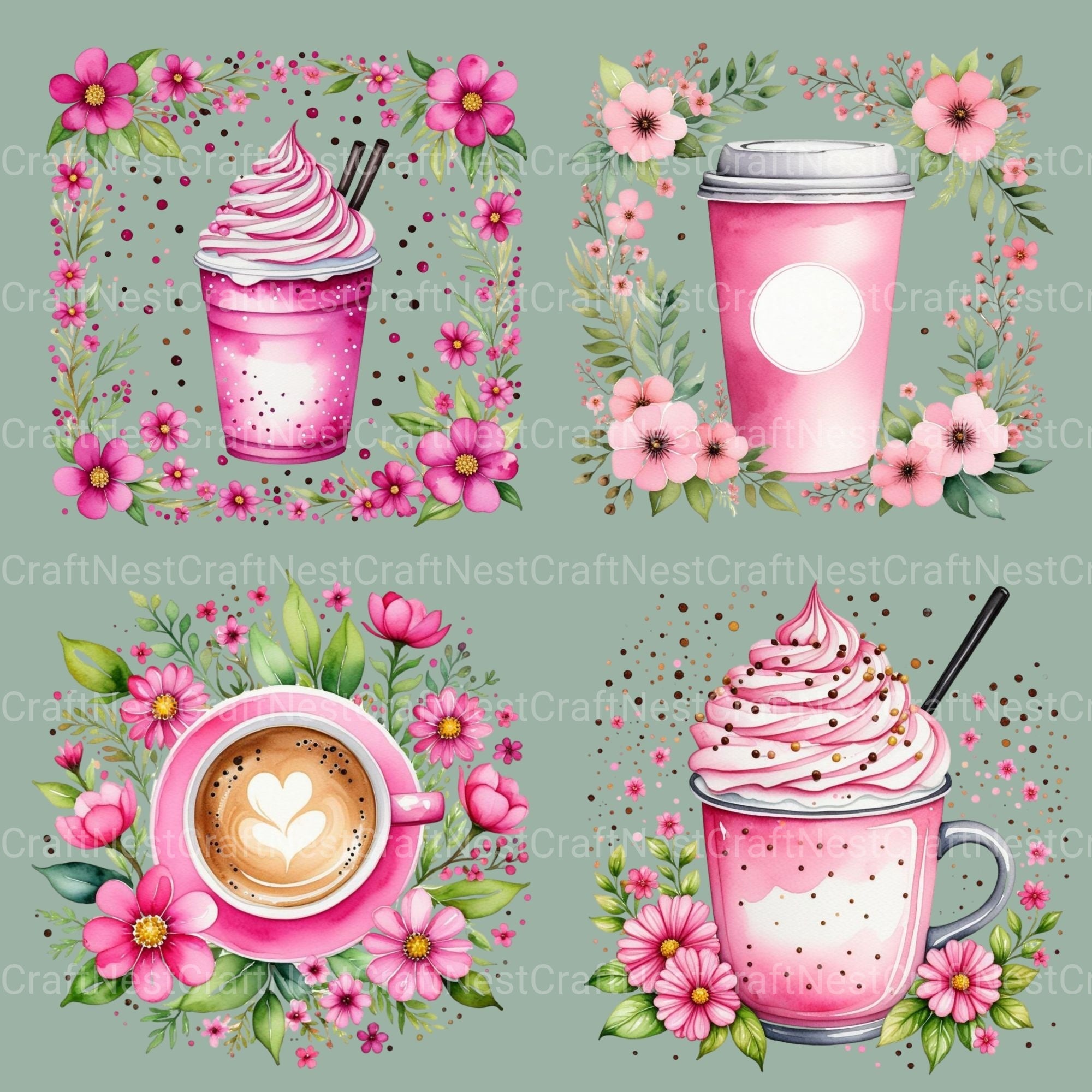 Coffee Floral Pink Clipart Bundle