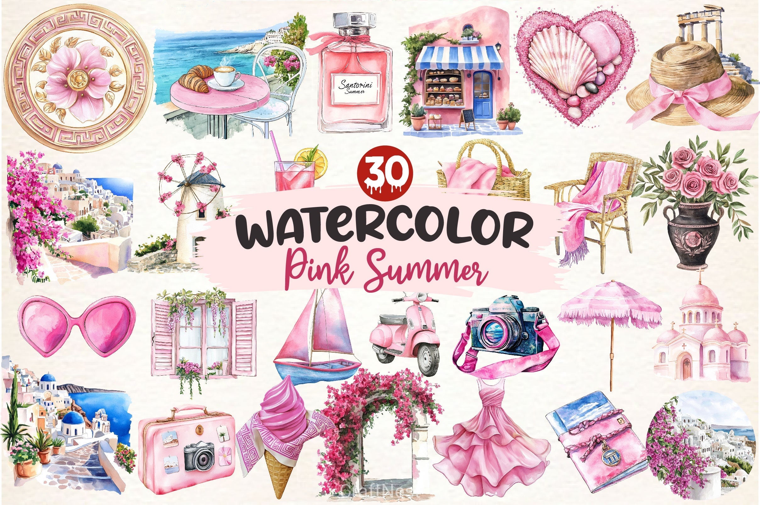 Pink Summer Santorini Travel Clipart Bundle 2