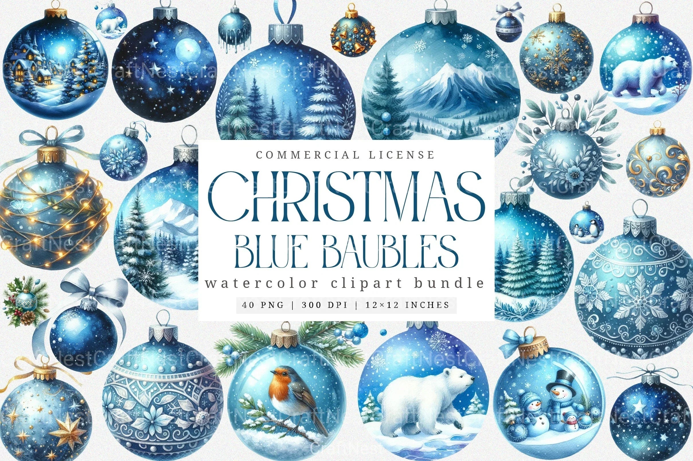 Blue Baubles Christmas Tree Ornaments Clipart Bundle - CraftNest - Digital Crafting and Art