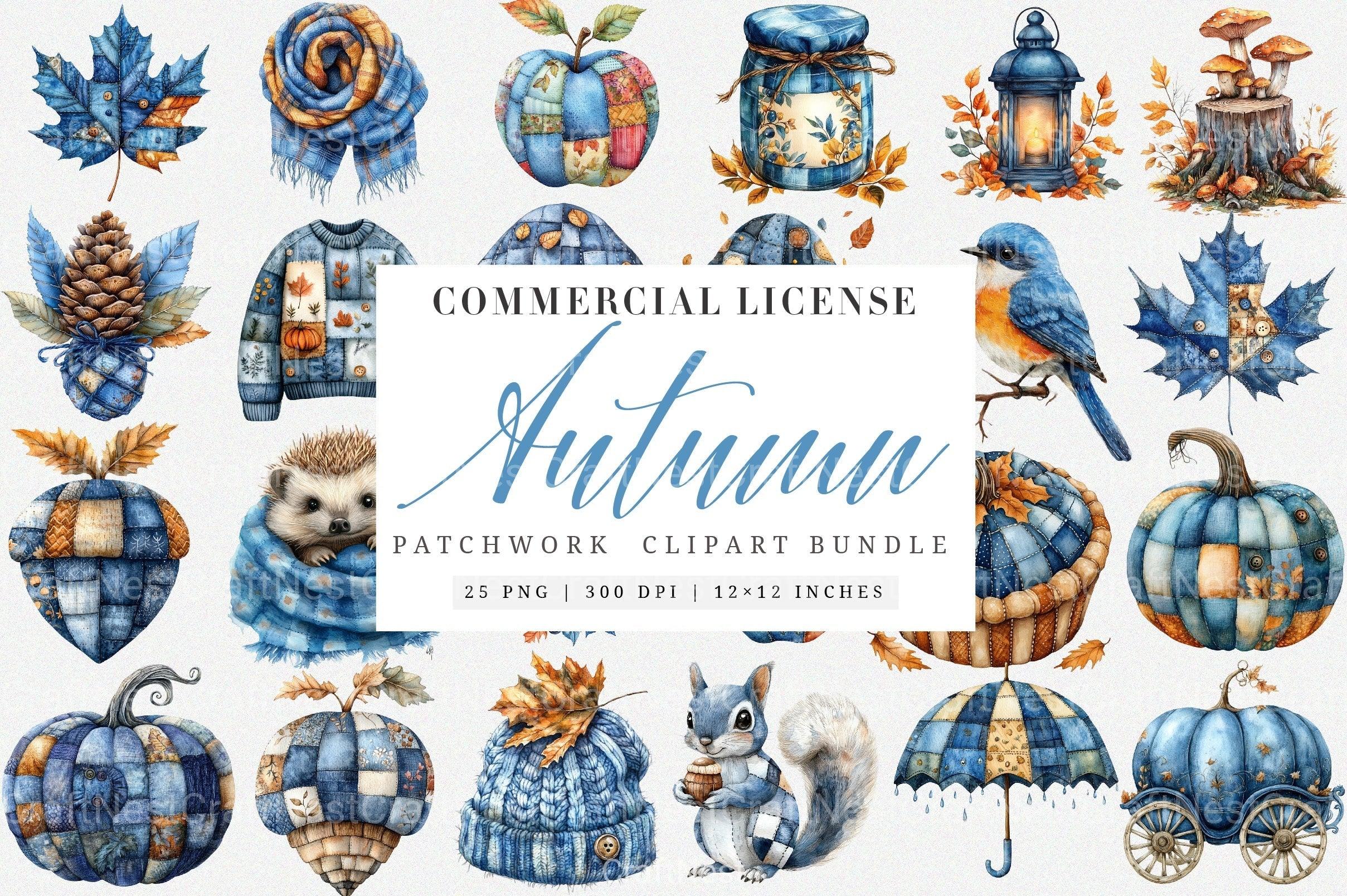 Blue Patchwork Autumn Clipart Set Bundle - CraftNest - Digital Crafting and Art