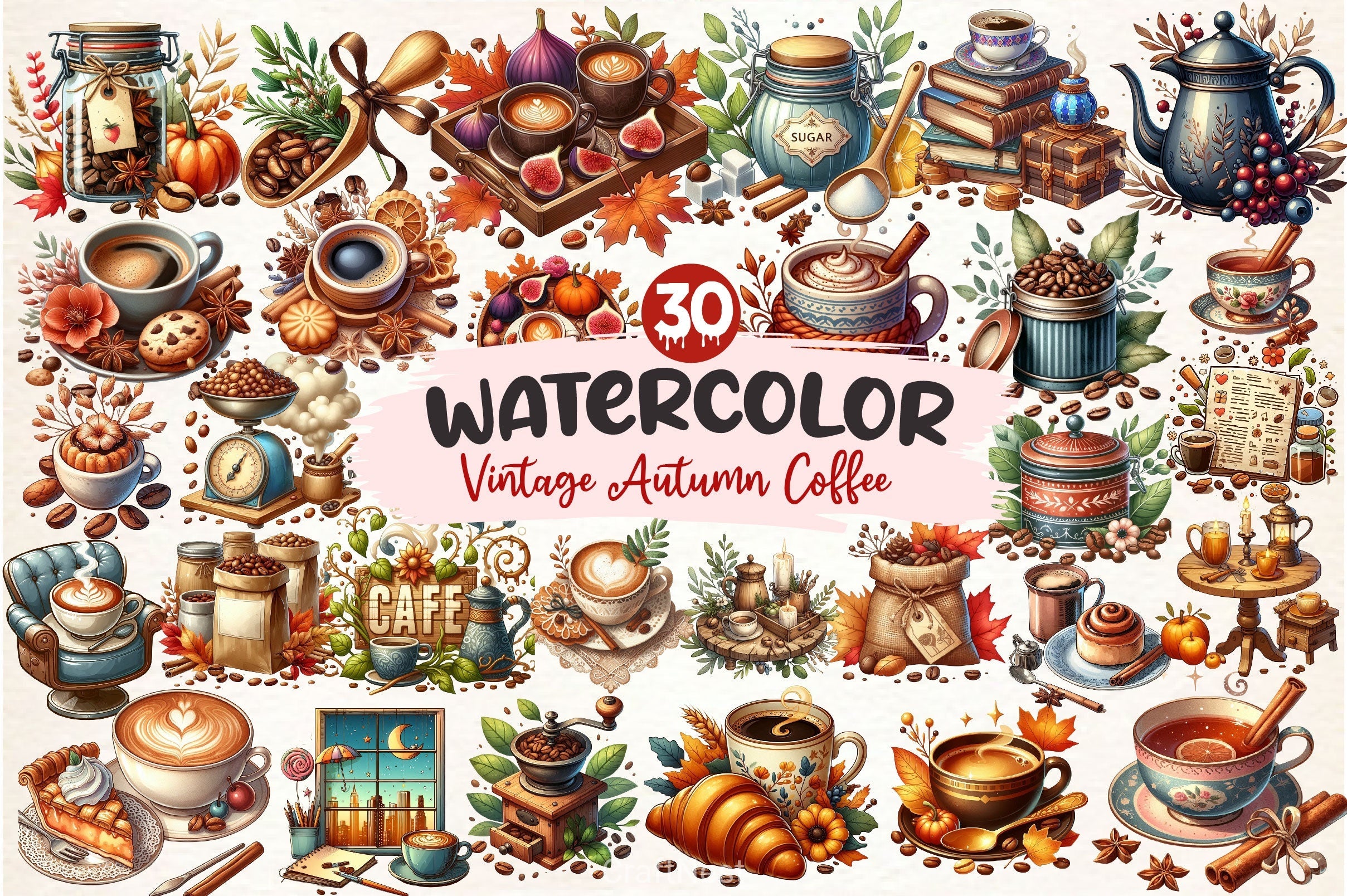 Vintage Autumn Coffee Clipart Bundle 2