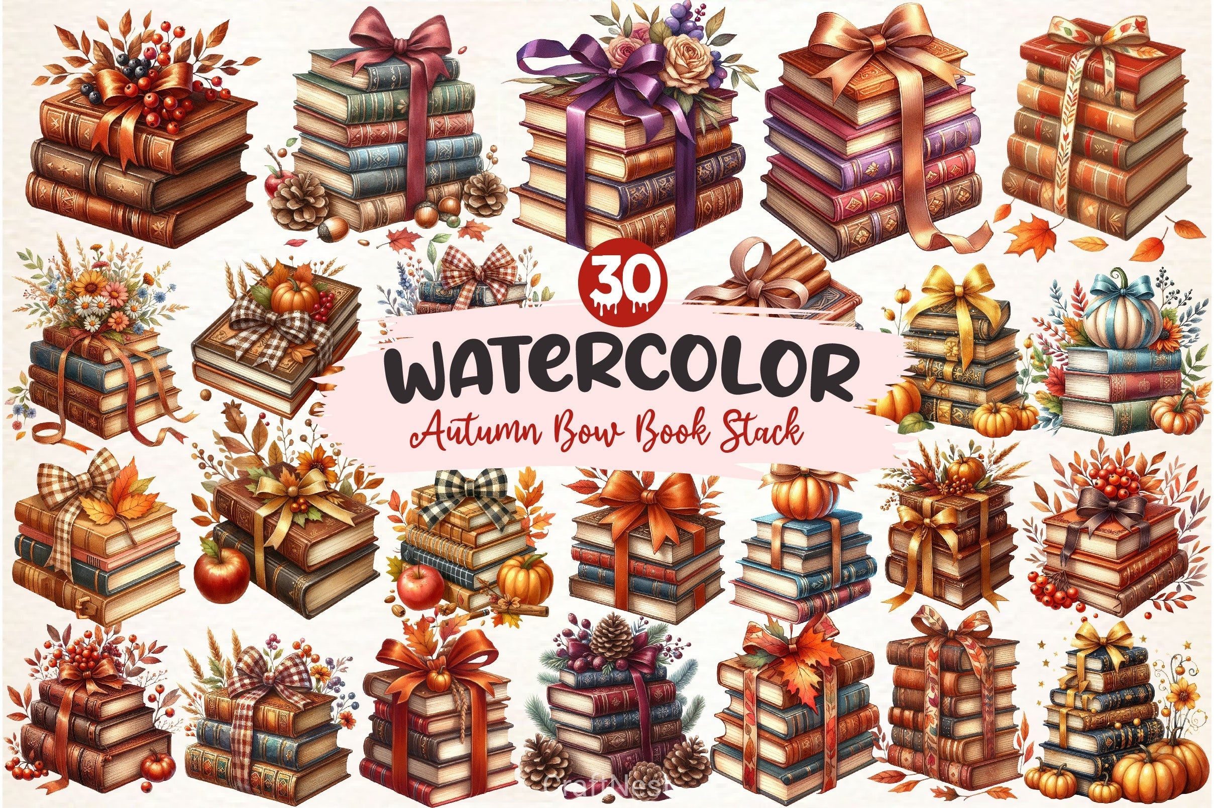 Autumn Bow Book Stack Clipart Bundle