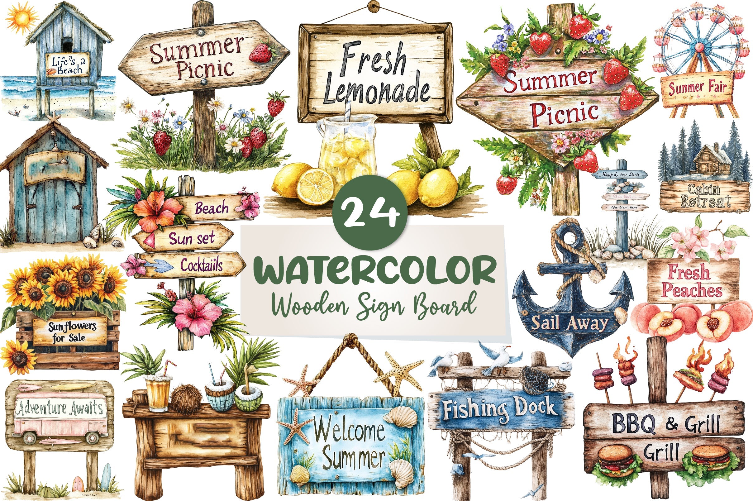 Summer Wooden Sign Board Clipart Bundle
