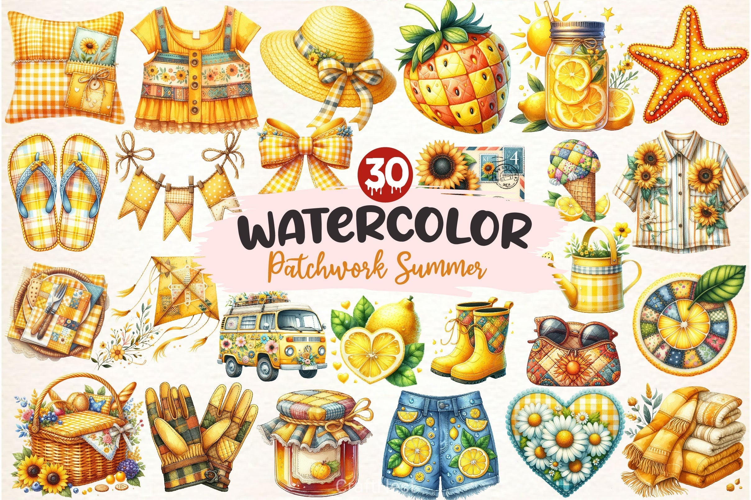 Yellow Patchwork Summer Clipart Bundle 3