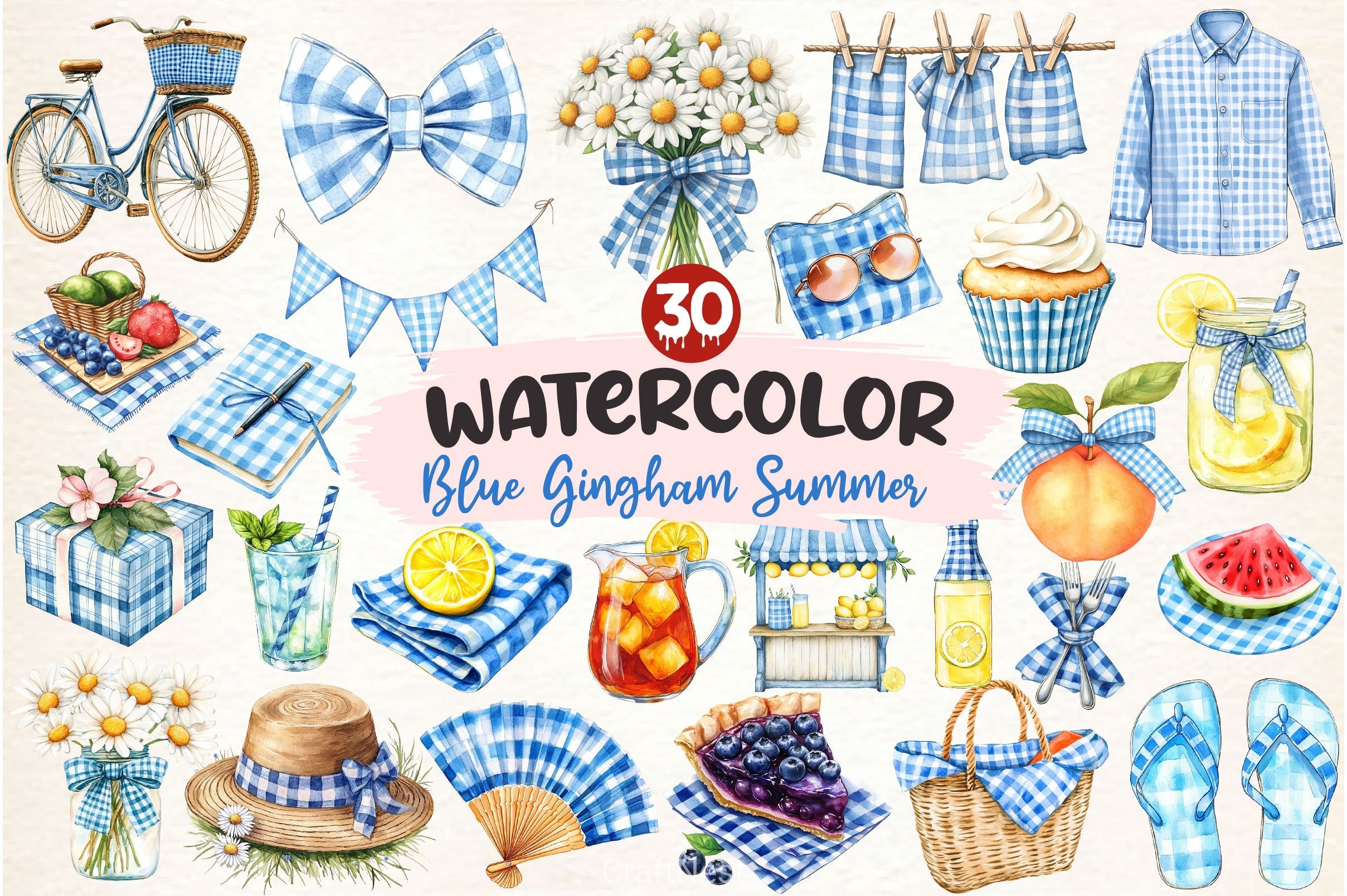 Blue Gingham Summer Clipart Bundle