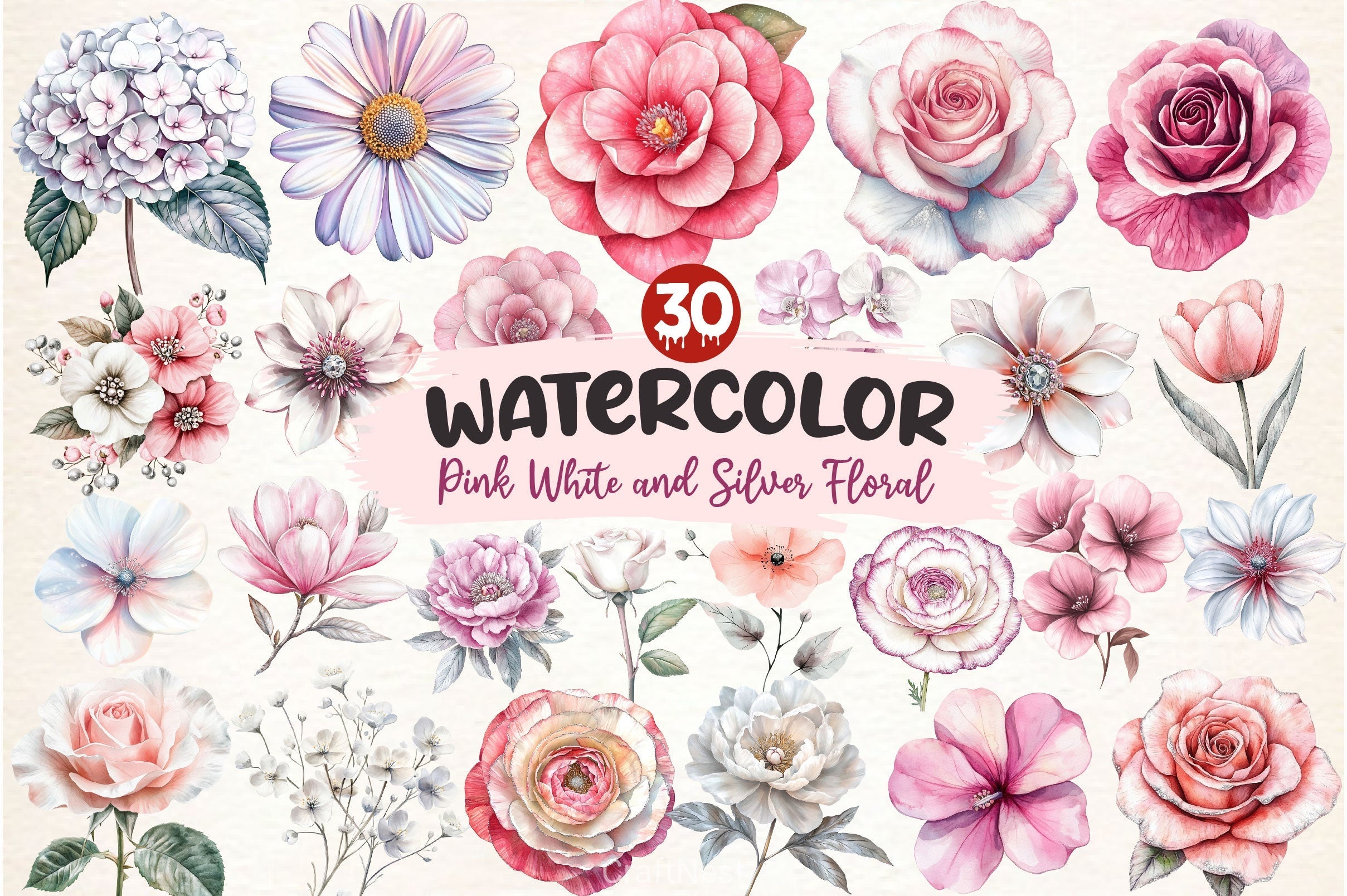 Pink White And Silver Floral Clipart Bundle