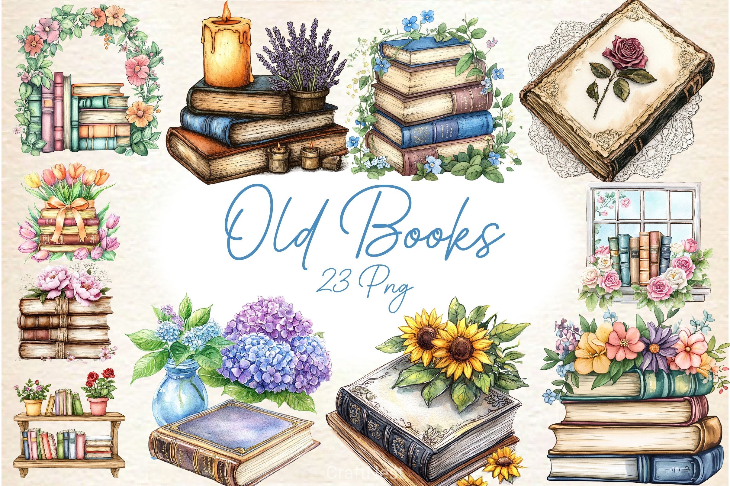 Old Books With Floral Clipart Bundle