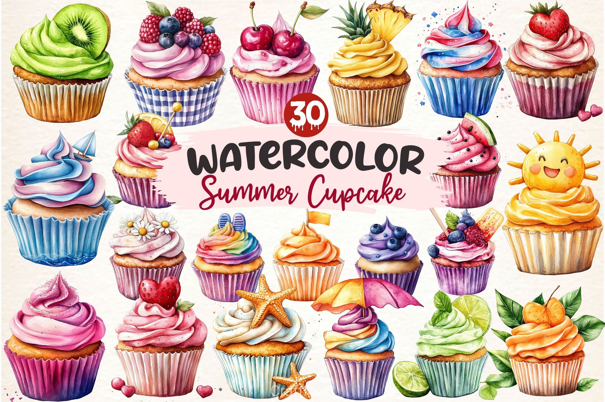Summer Cupcake Clipart Bundle 2