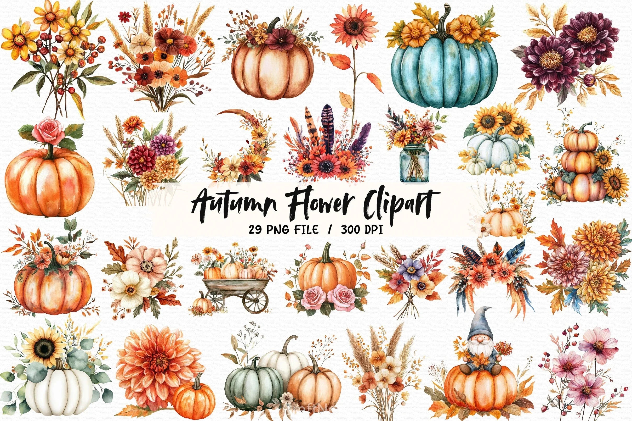 Autumn Flower & Pumpkin Clipart Bundle - CraftNest - Digital Crafting and Art