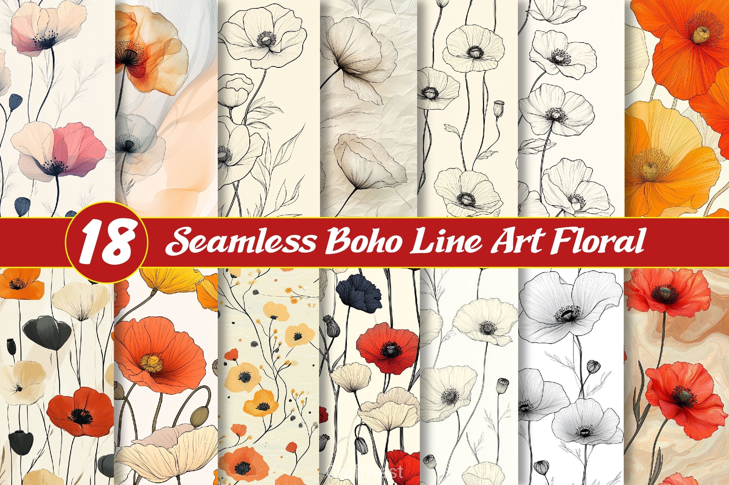 Seamless Boho Line Art Floral Background