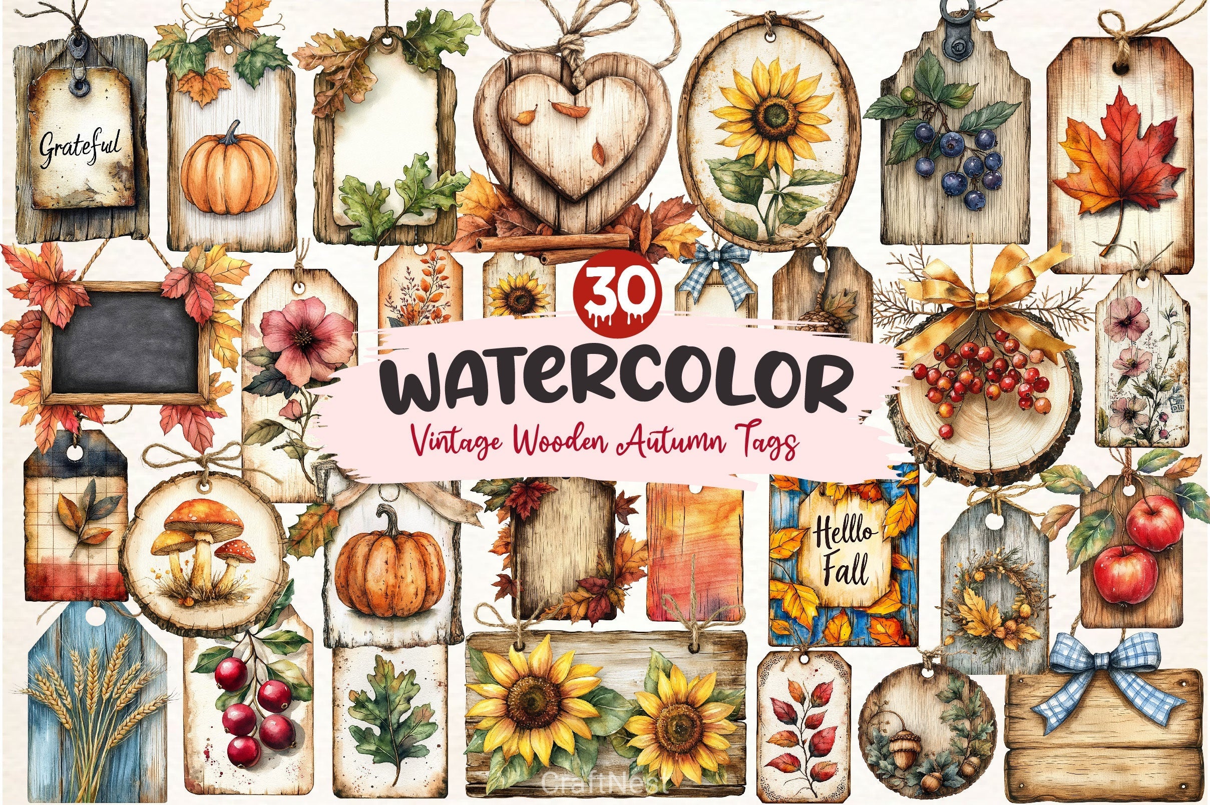 Vintage Wooden Autumn Tags Clipart Bundle 2
