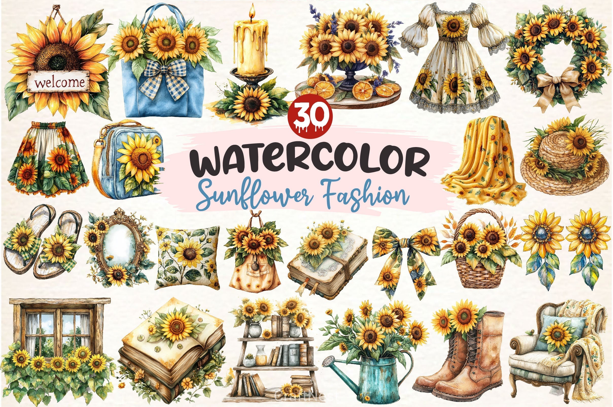 Sunflower Fashion Cottagecore Decor Clipart Bundle