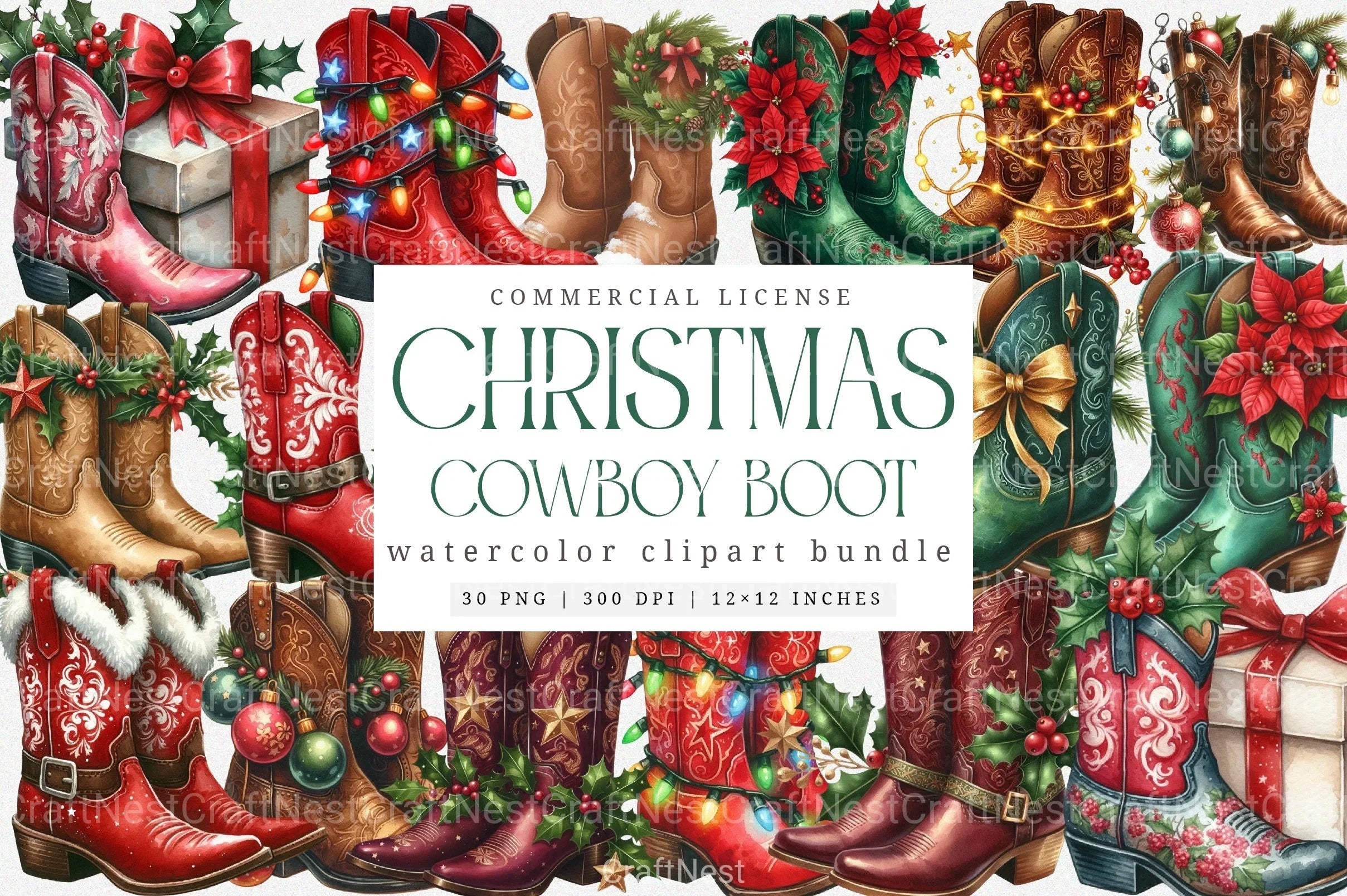 Festive Christmas Cowboy Boots Clipart Bundle - CraftNest - Digital Crafting and Art