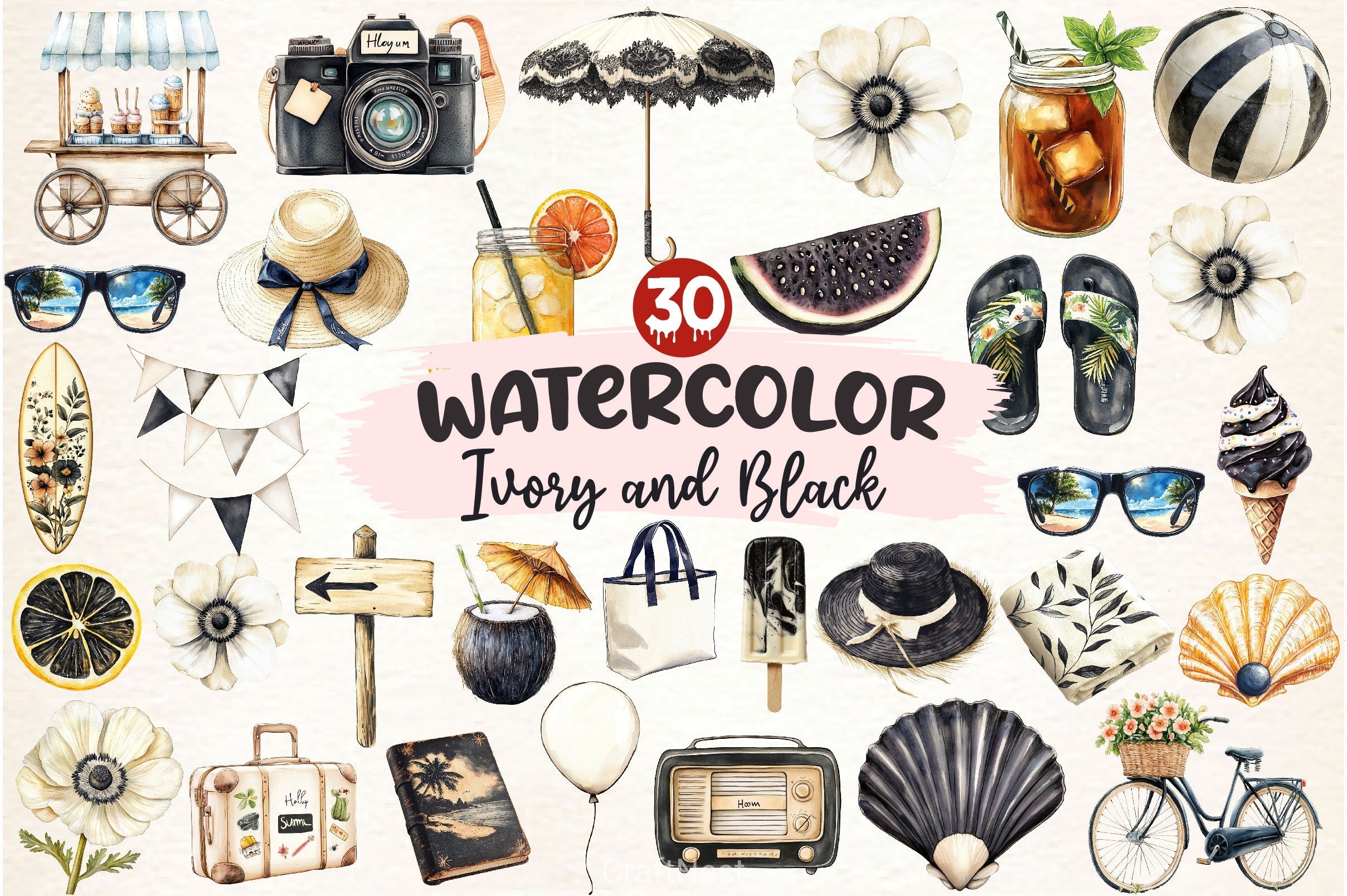 Ivory And Black Hello Summer Clipart Bundle