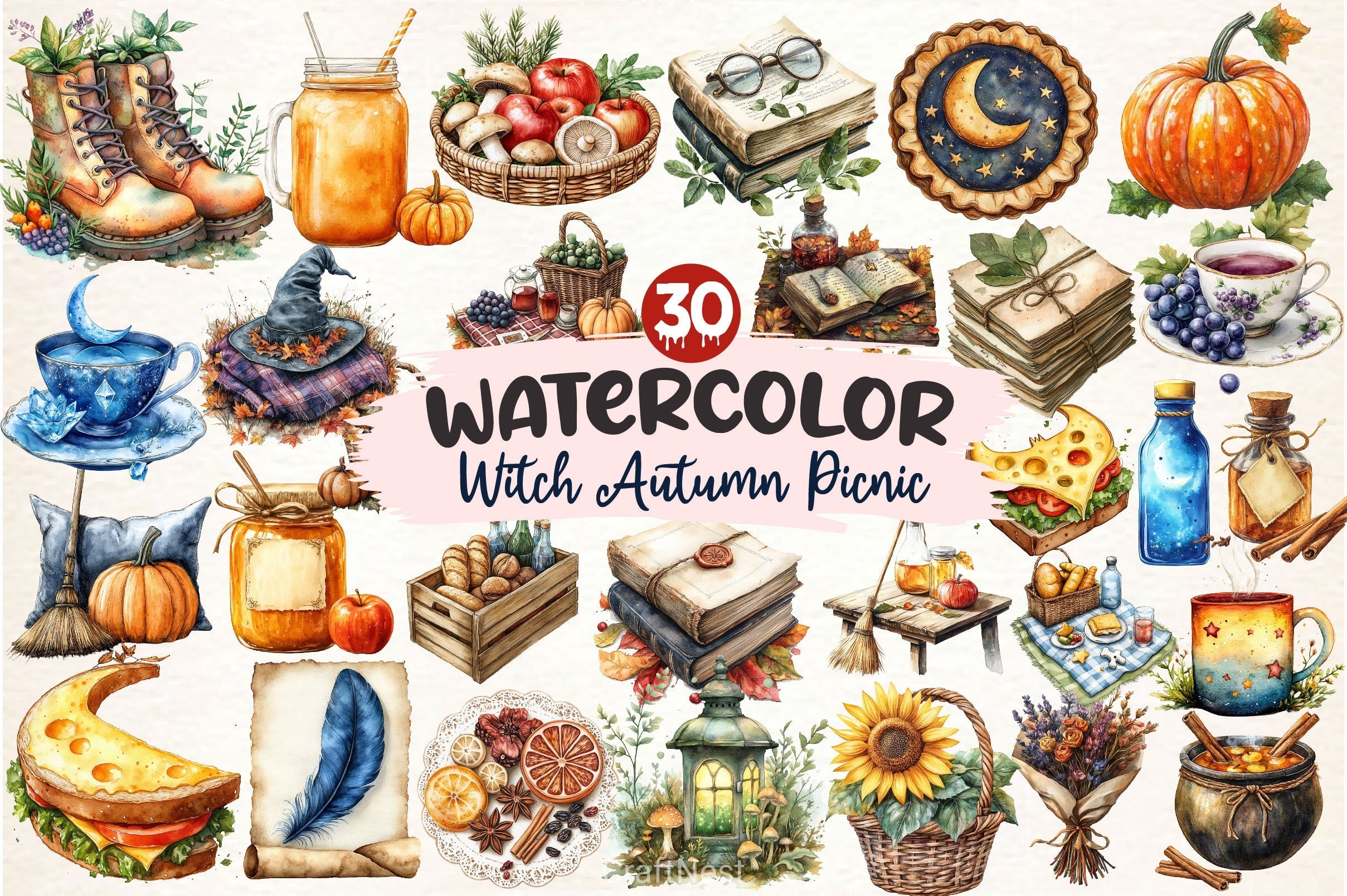 Witch Autumn Picnic Set Clipart Bundle 2