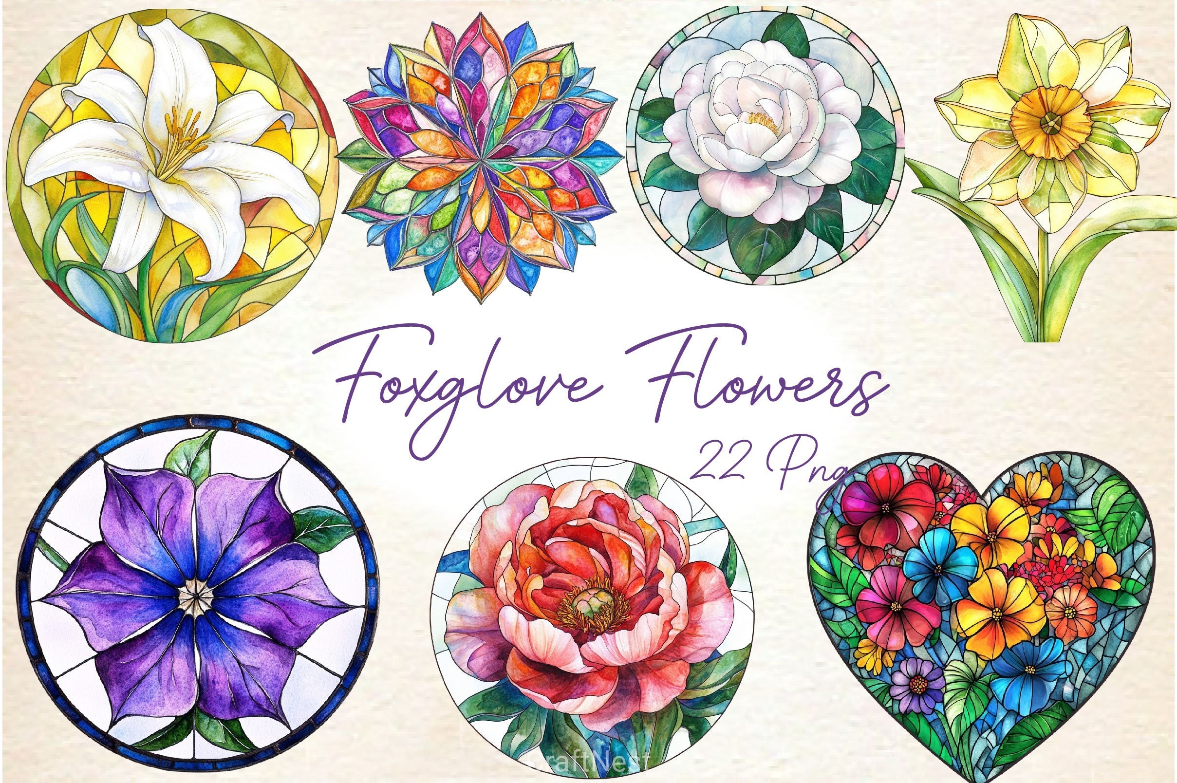 Stained Glass Spring Flowers Clipart Bundle