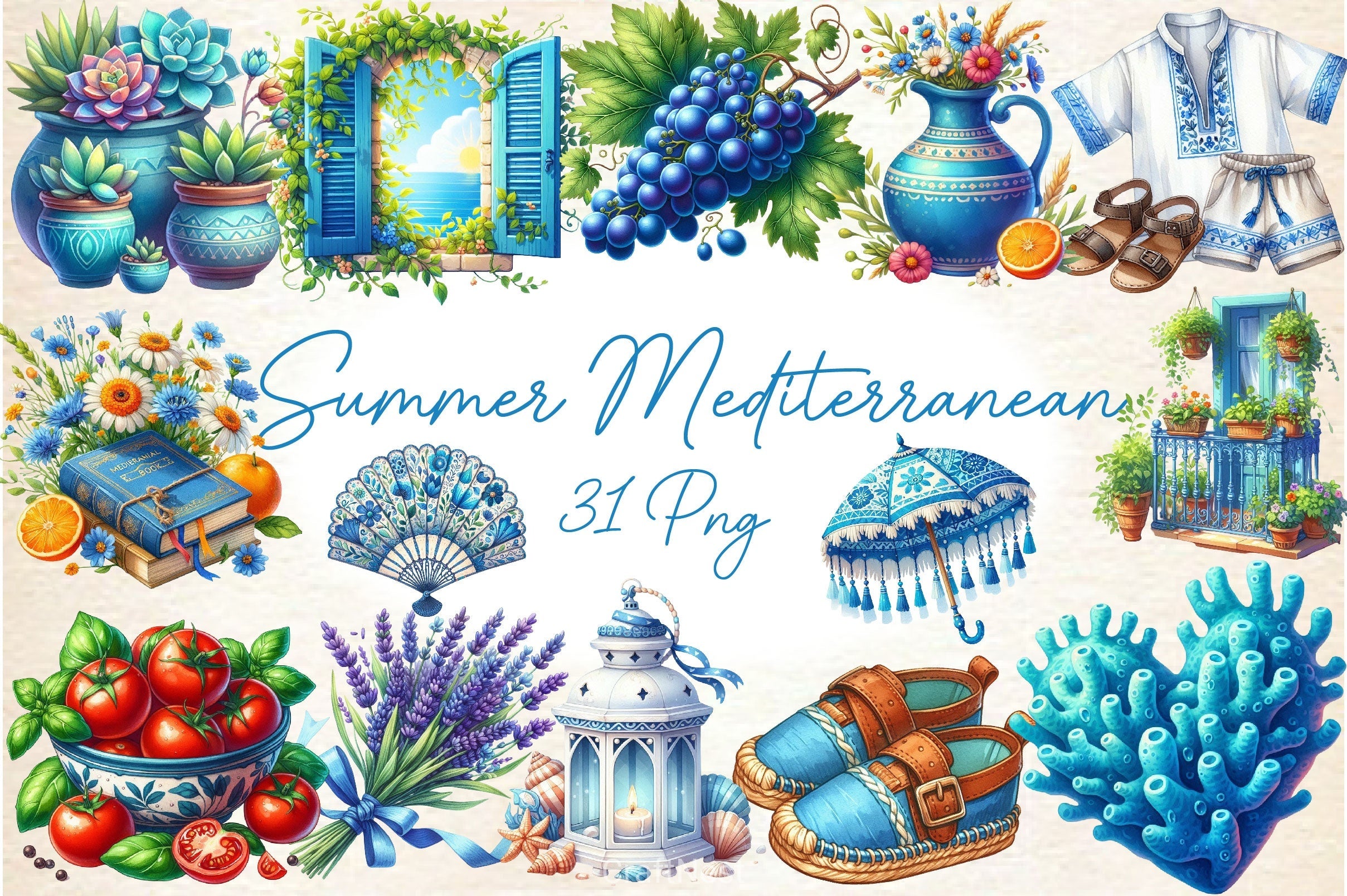 Blue Summer Mediterranean Clipart Bundle