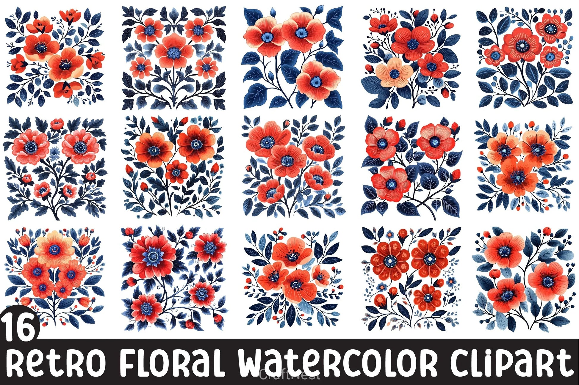 Retro Floral Clipart Bundle - CraftNest - Digital Crafting and Art