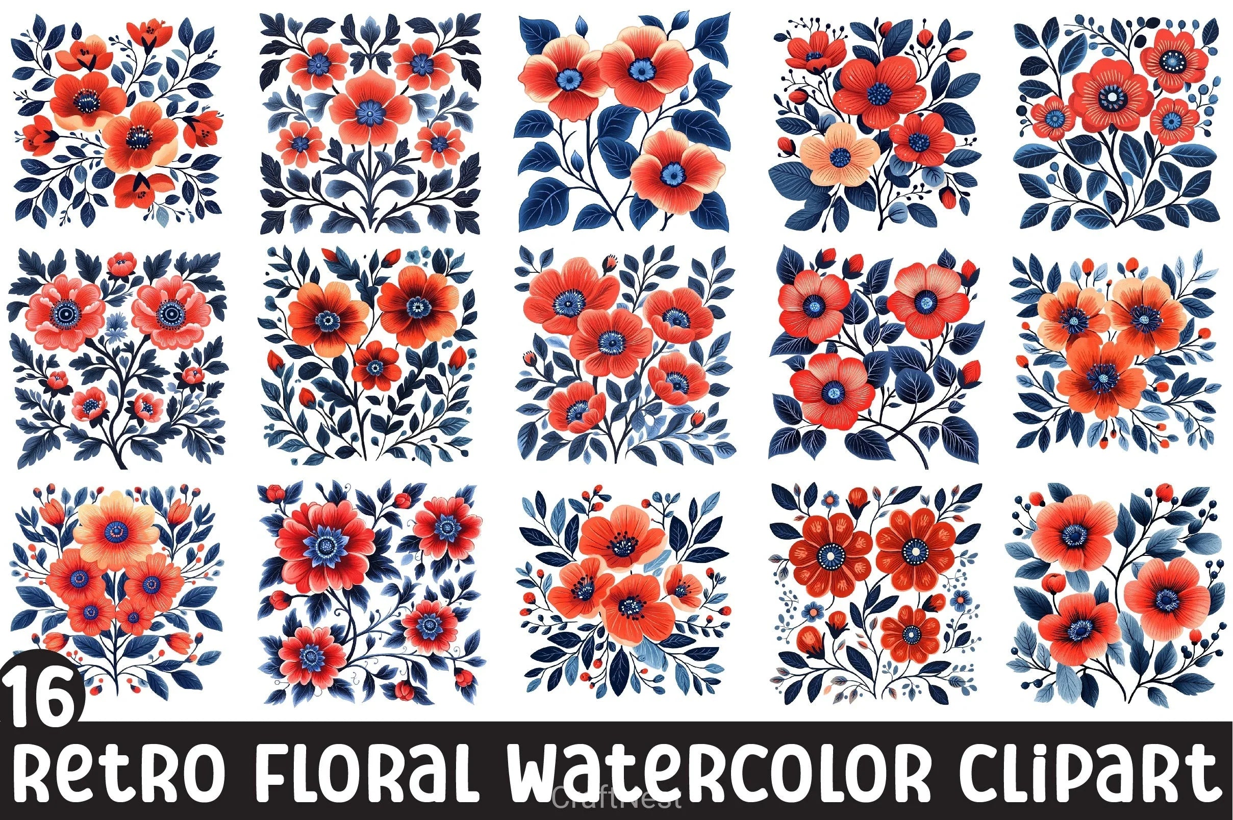 Retro Floral Clipart Bundle - CraftNest - Digital Crafting and Art