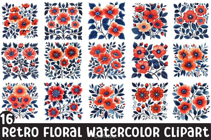 Retro Floral Clipart Bundle - CraftNest - Digital Crafting and Art
