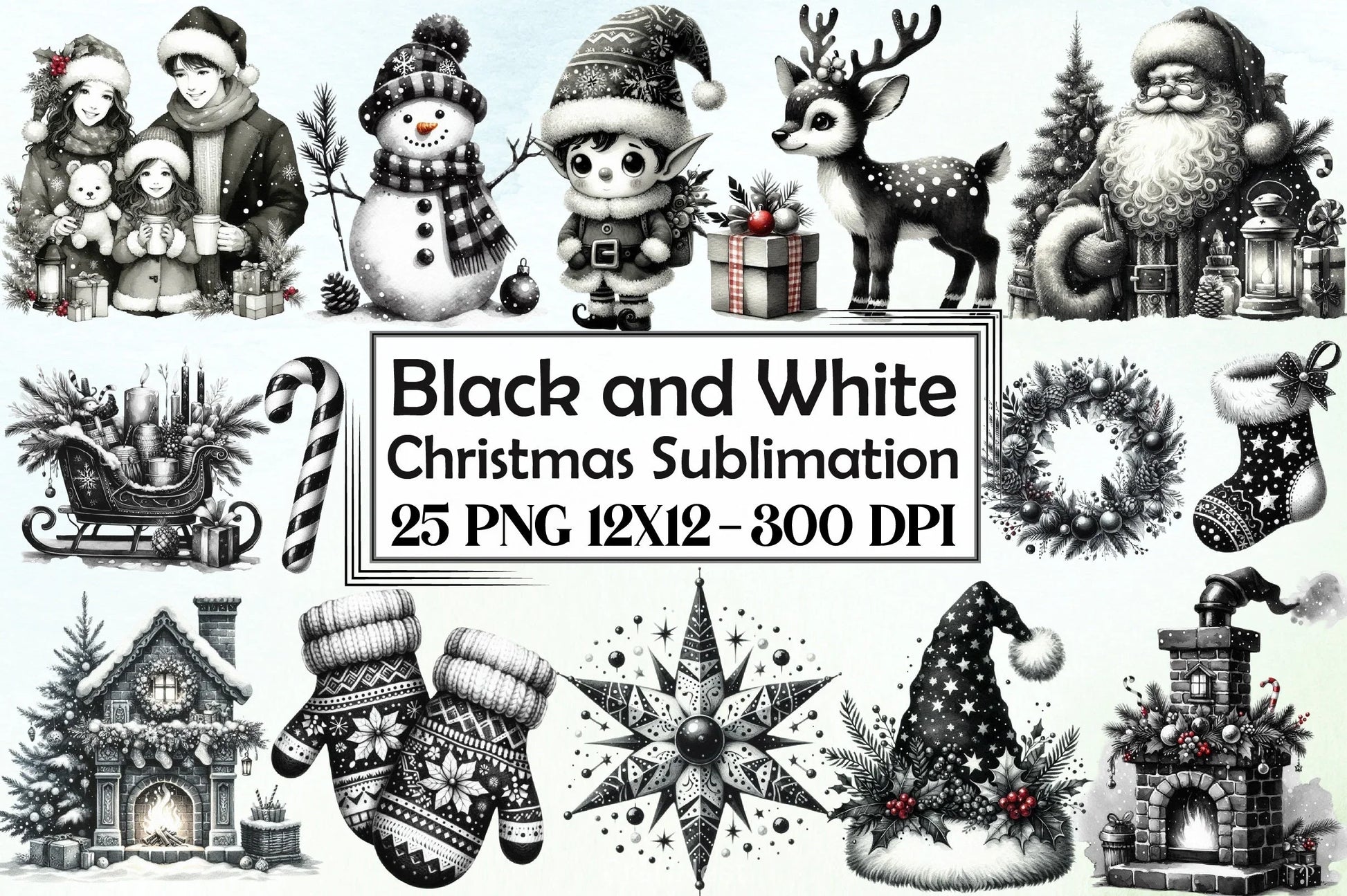 Black & White Christmas Clipart Bundle 1 - CraftNest - Digital Crafting and Art