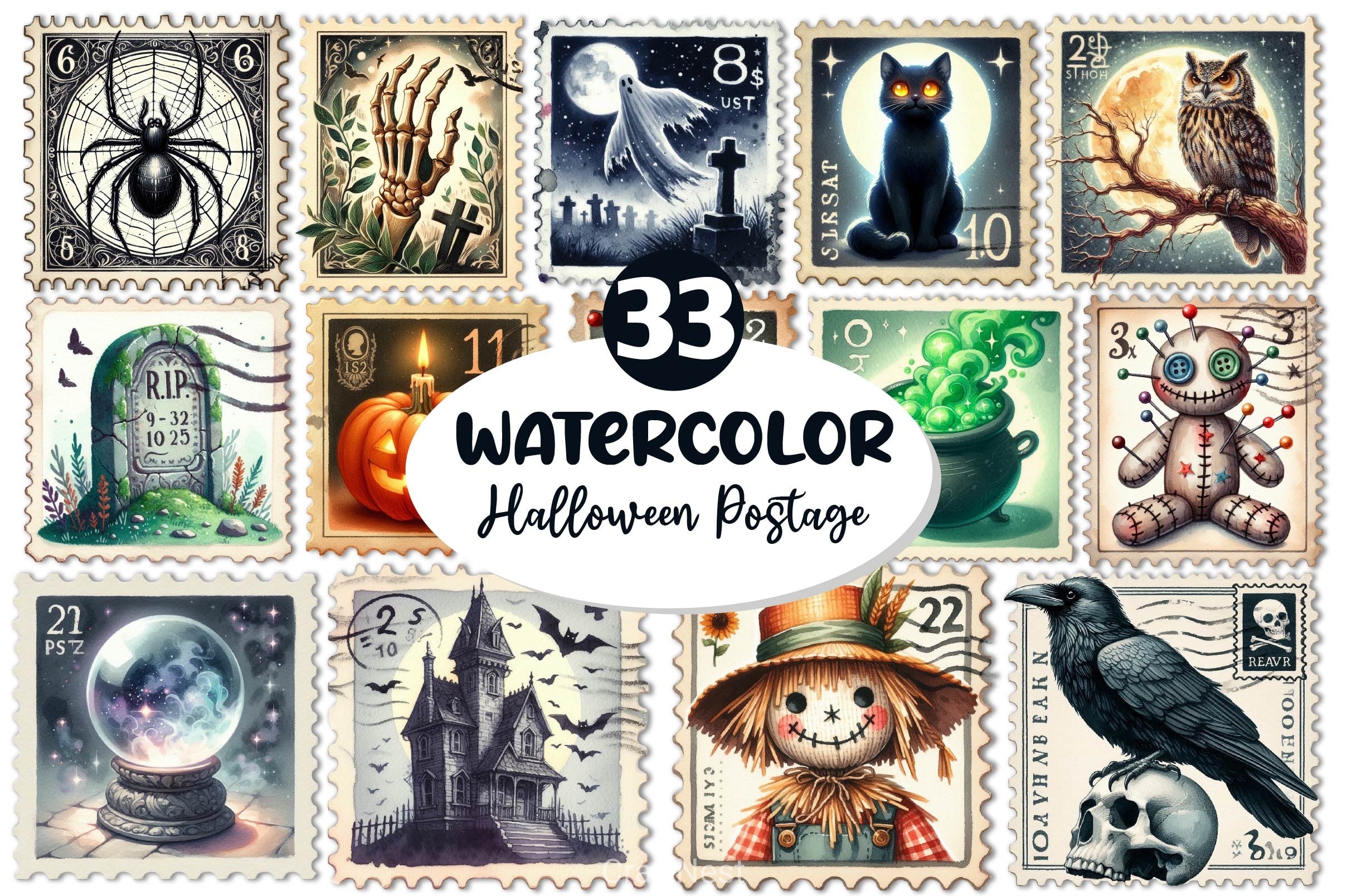 Halloween Postage Stamps Clipart Bundle