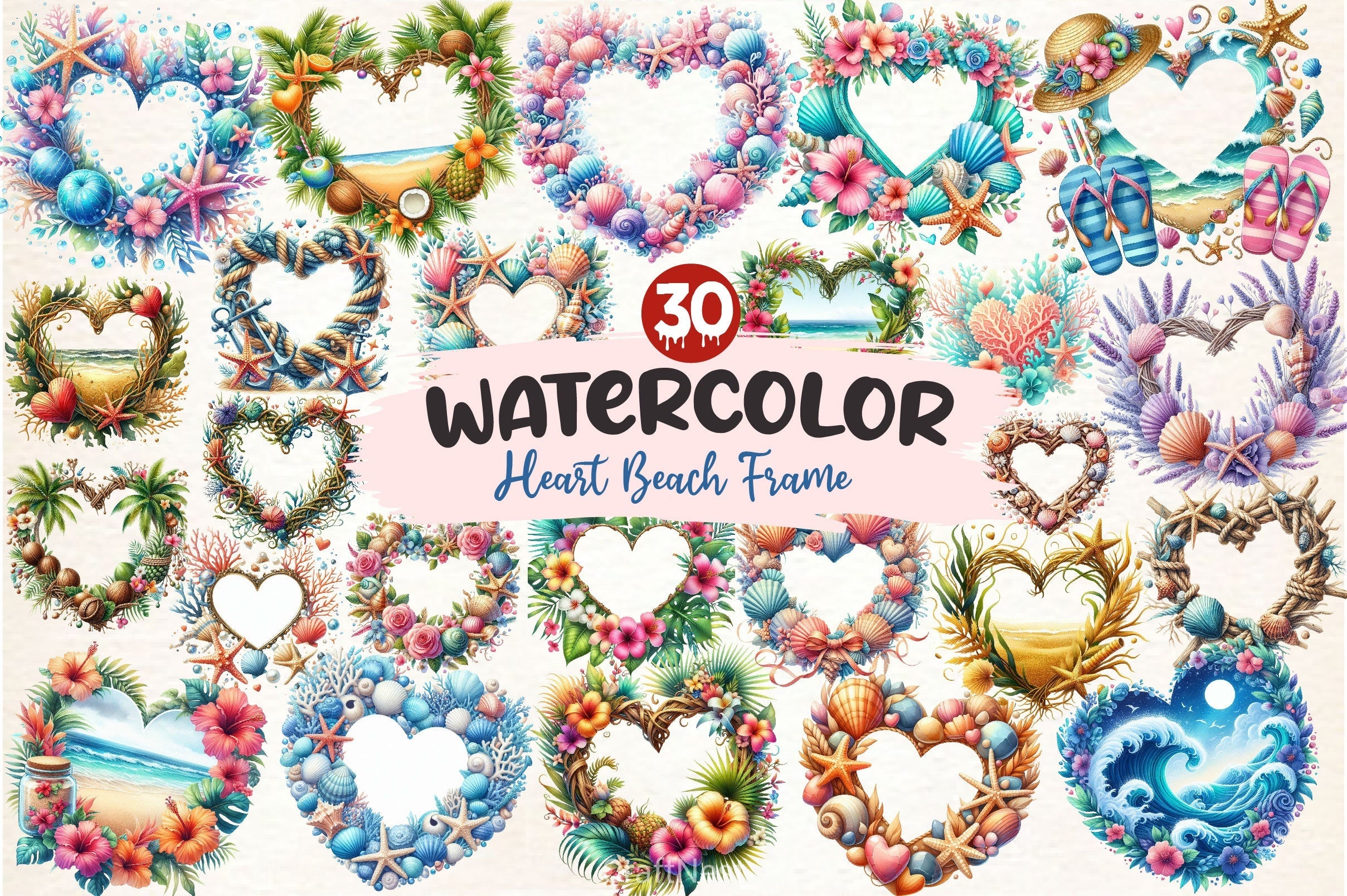 Heart Beach Frame Clipart Bundle