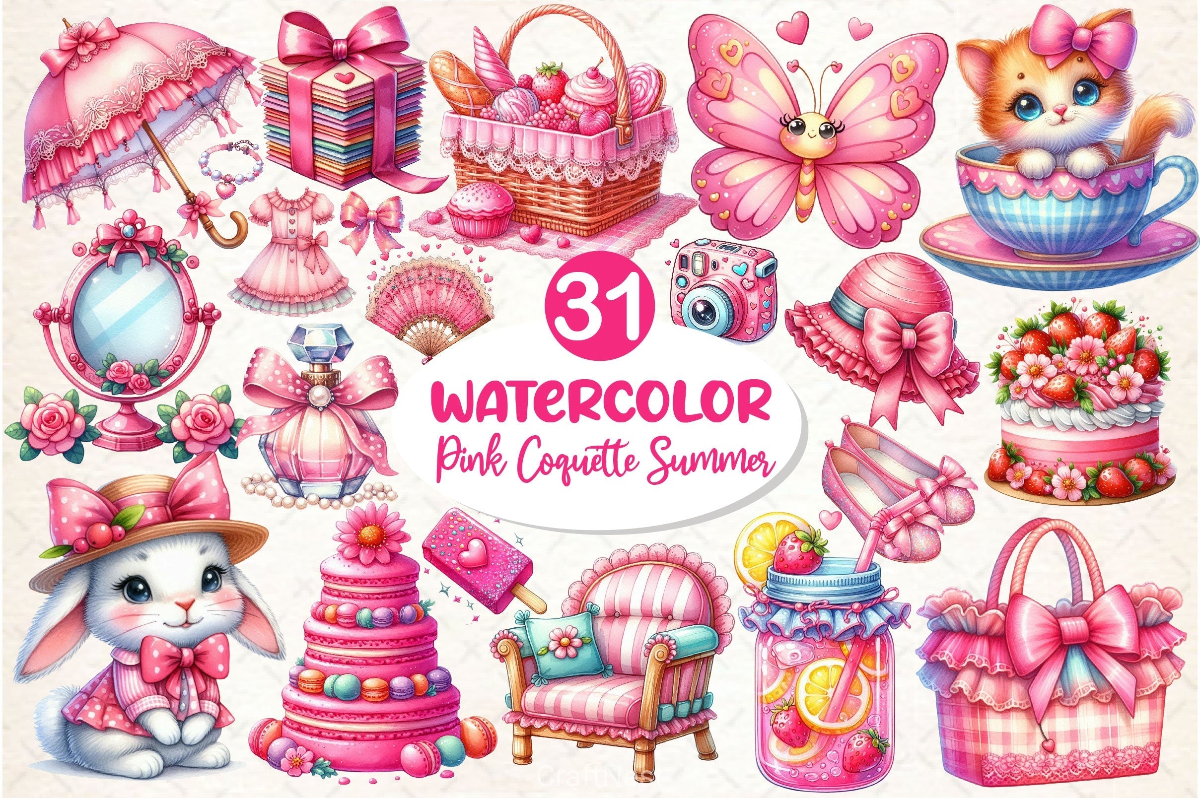 Pink Coquette Hello Summer Clipart Bundle